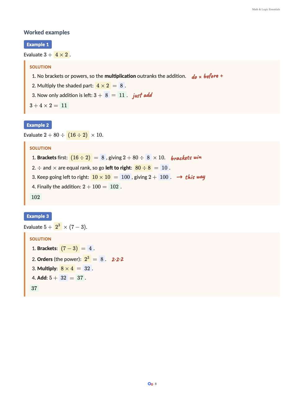 A worked examples page from the order of operations chapter.