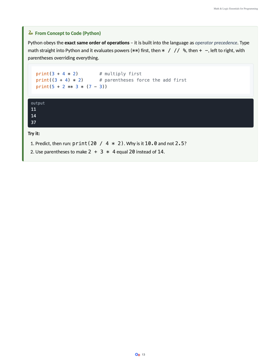 A Python page showing operator precedence examples.