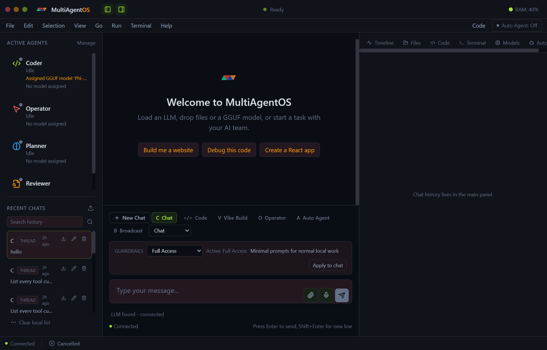 MultiAgentOS workspace: four-agent rail (Coder, Operator, Planner, Reviewer), chat surface, and run telemetry.