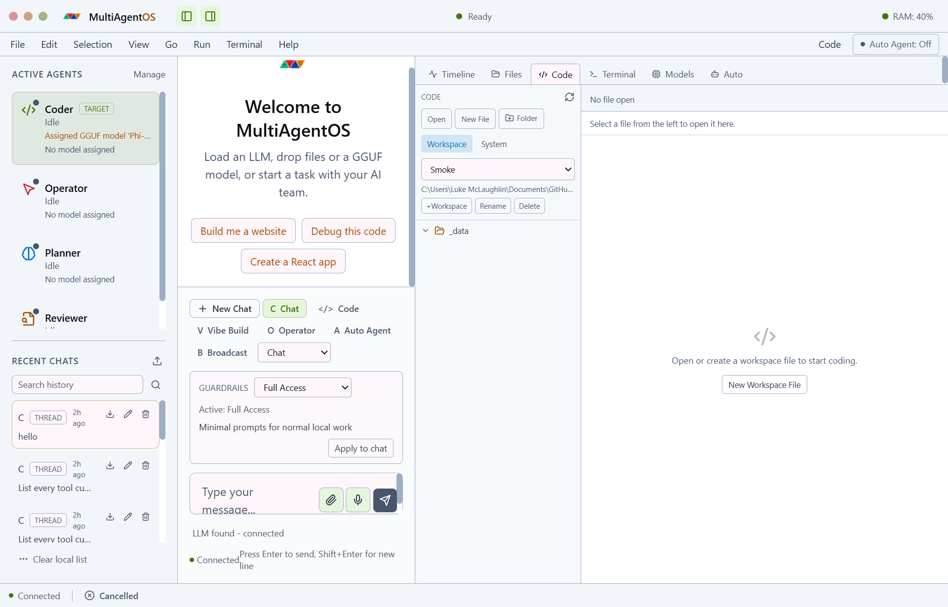 MultiAgentOS workspace in light theme — same layout, light-mode palette.