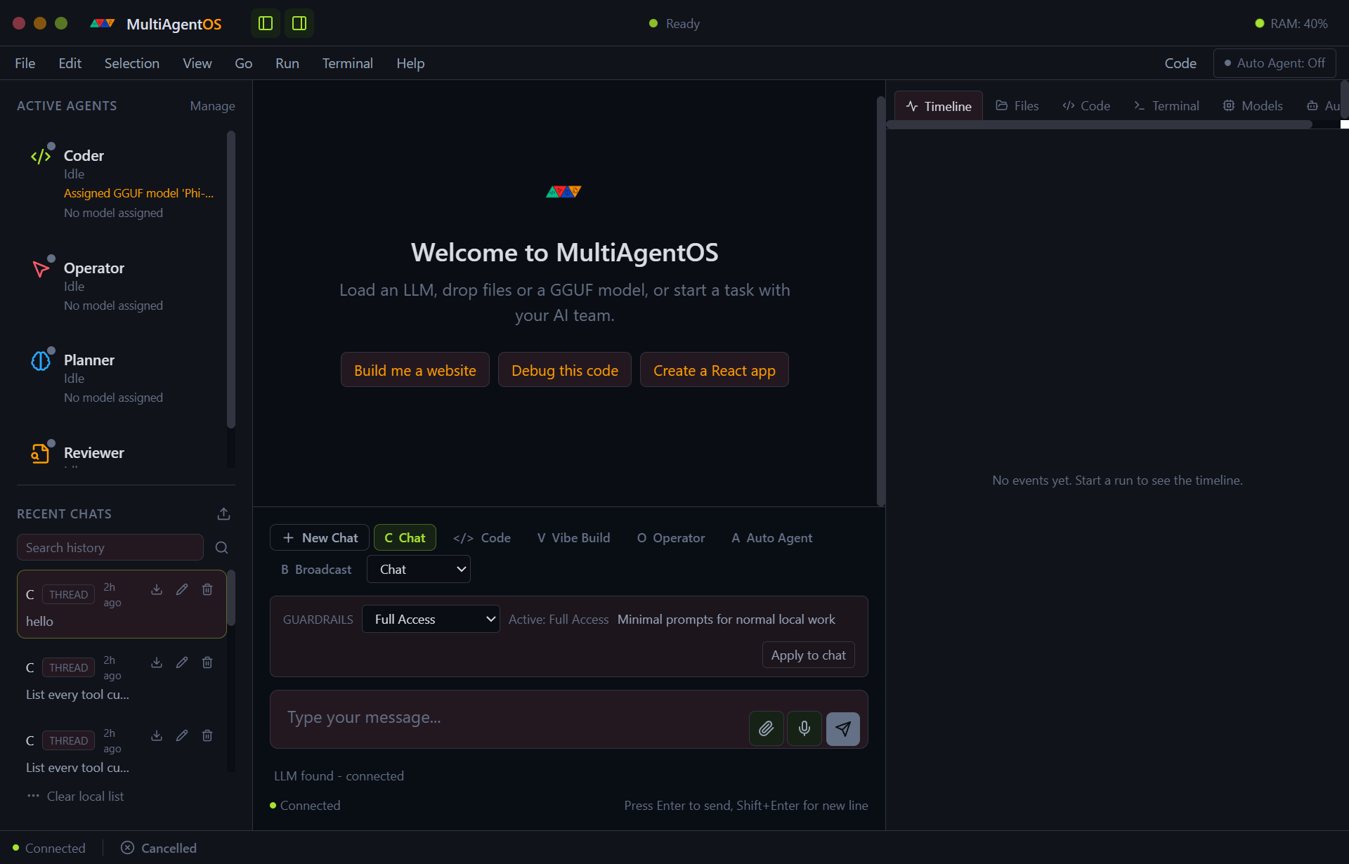 MultiAgentOS workspace with the Timeline tab active — live log of tool calls during a run.