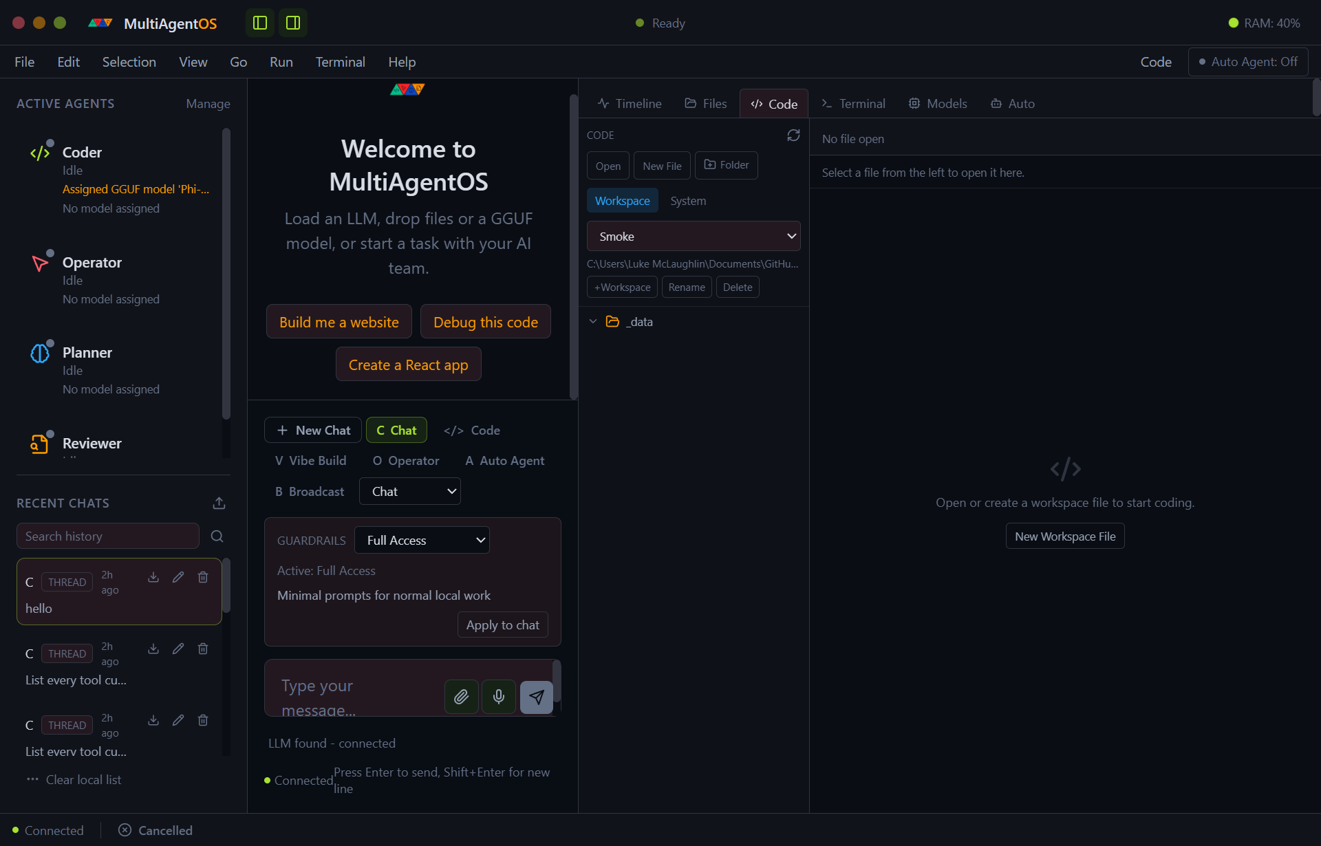 MultiAgentOS workspace with the Code tab active — workspace tree, scope toggle, and file editor.