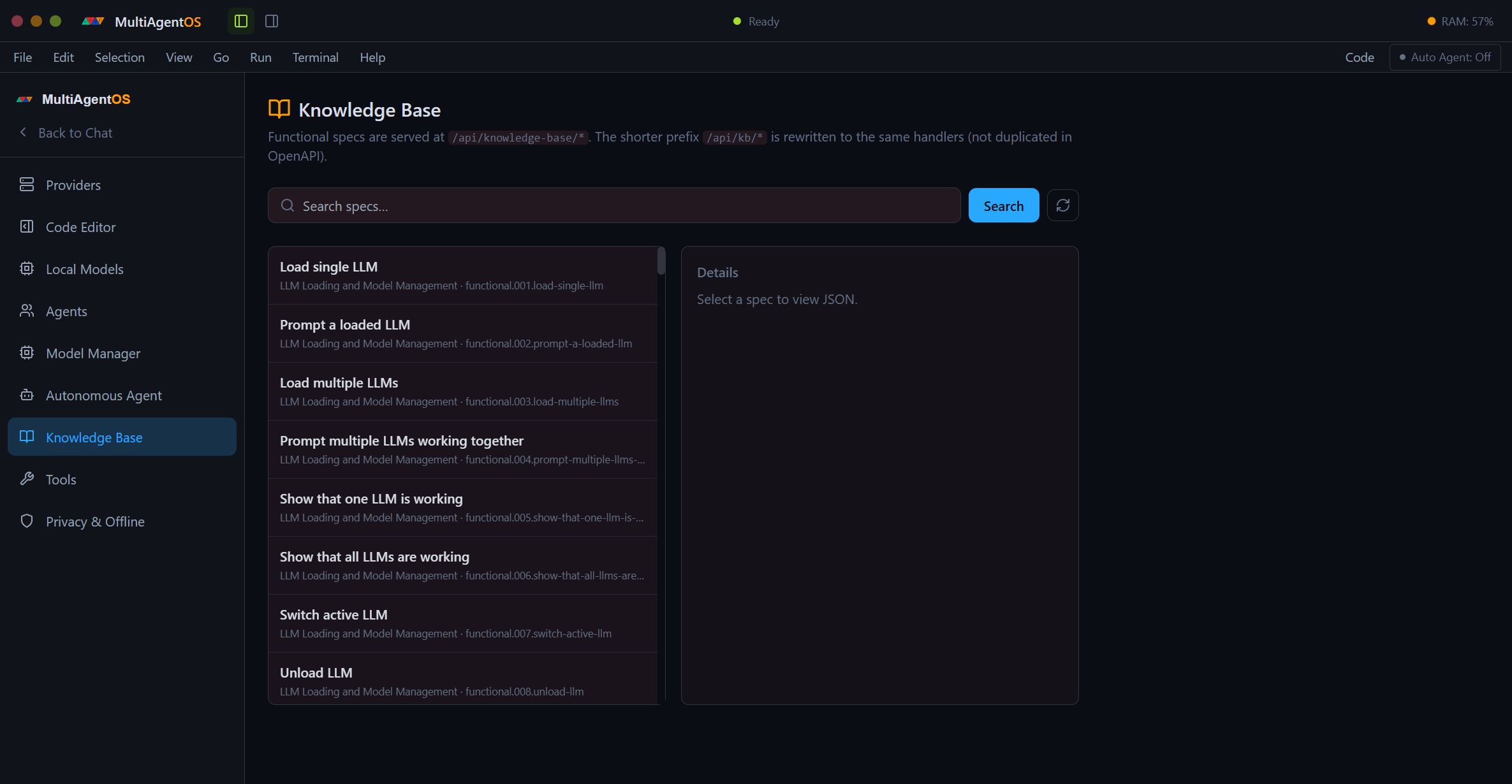 Knowledge Base settings panel — searchable list of functional specs with details pane.
