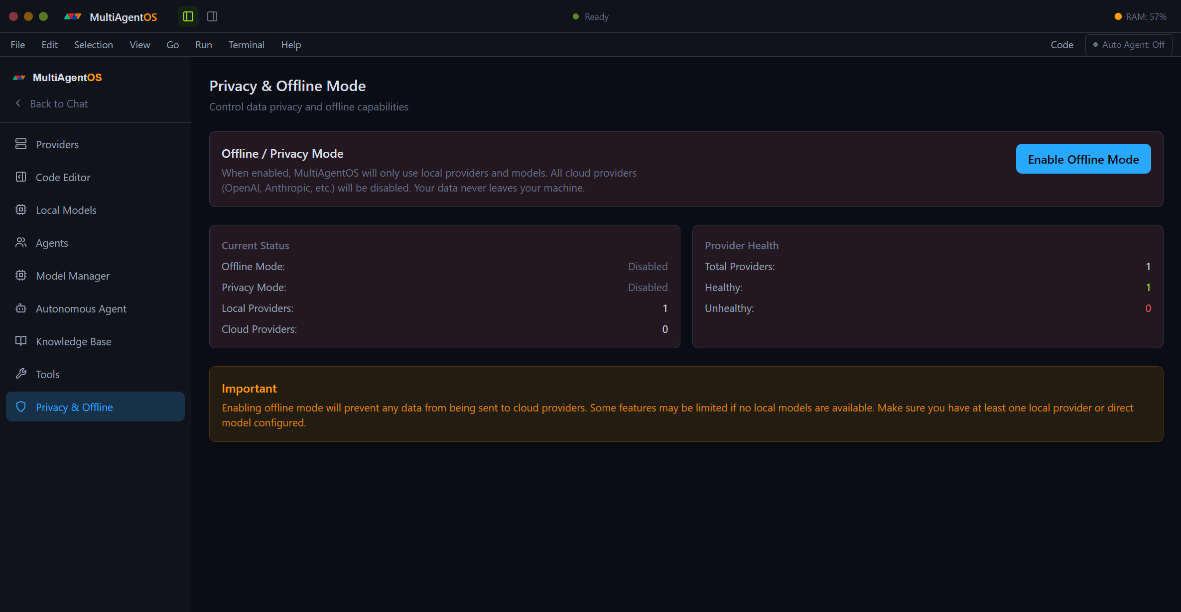 Privacy & Offline Mode settings panel — Enable Offline Mode toggle, current status block, and provider health summary.