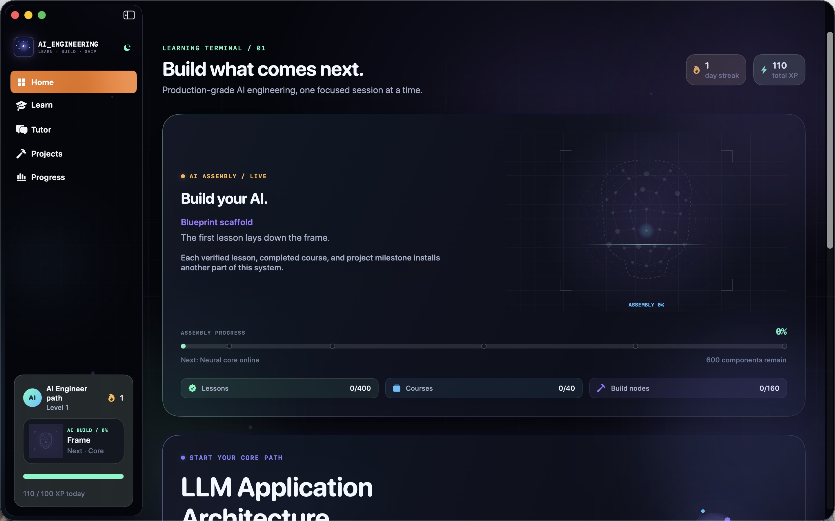 AI Engineering app home screen with the learning terminal, a live AI assembly visualization, lesson and course counters, XP, streaks, and the learning sidebar.