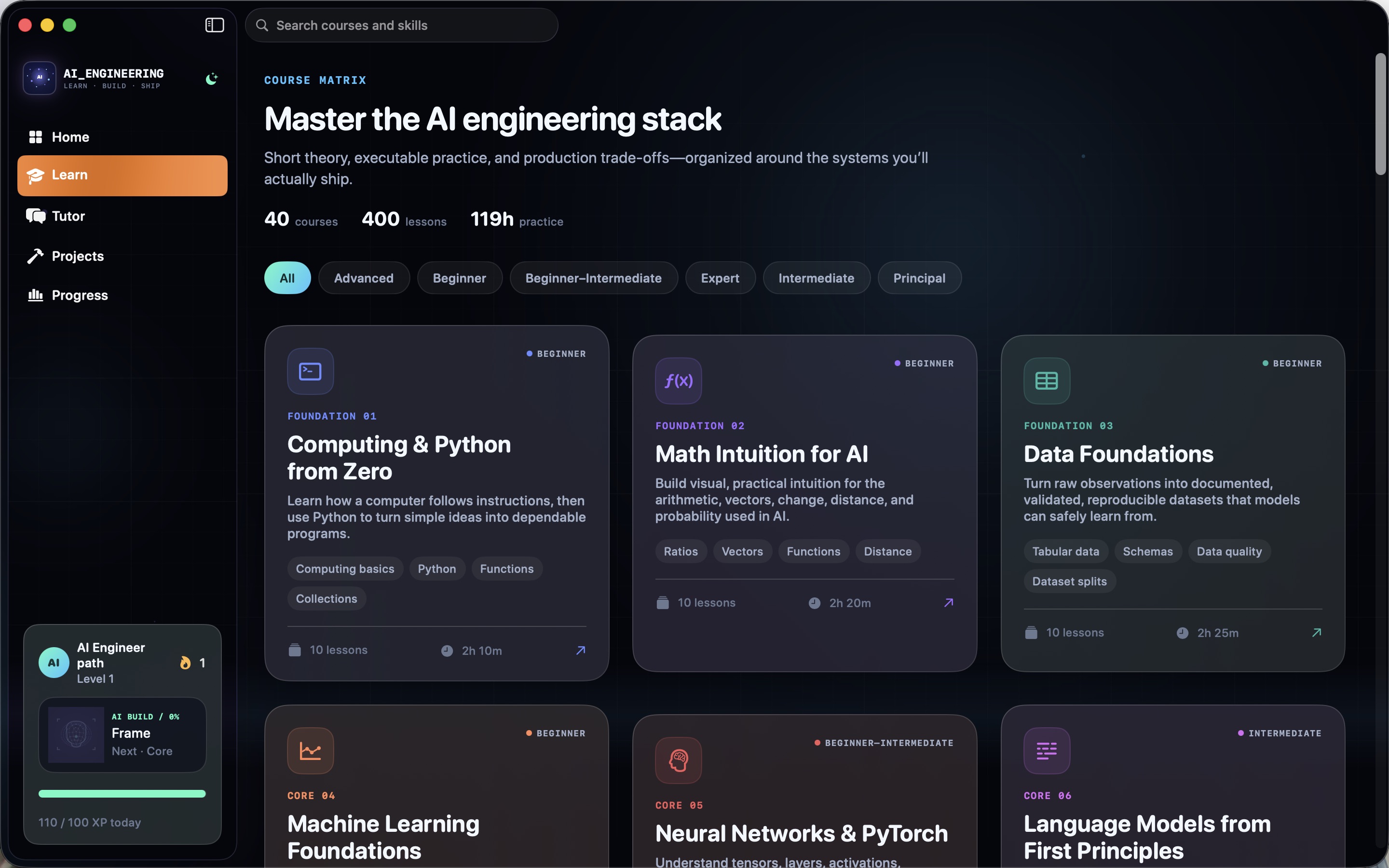 AI Engineering course catalog showing searchable, filterable courses with module and lesson completion.