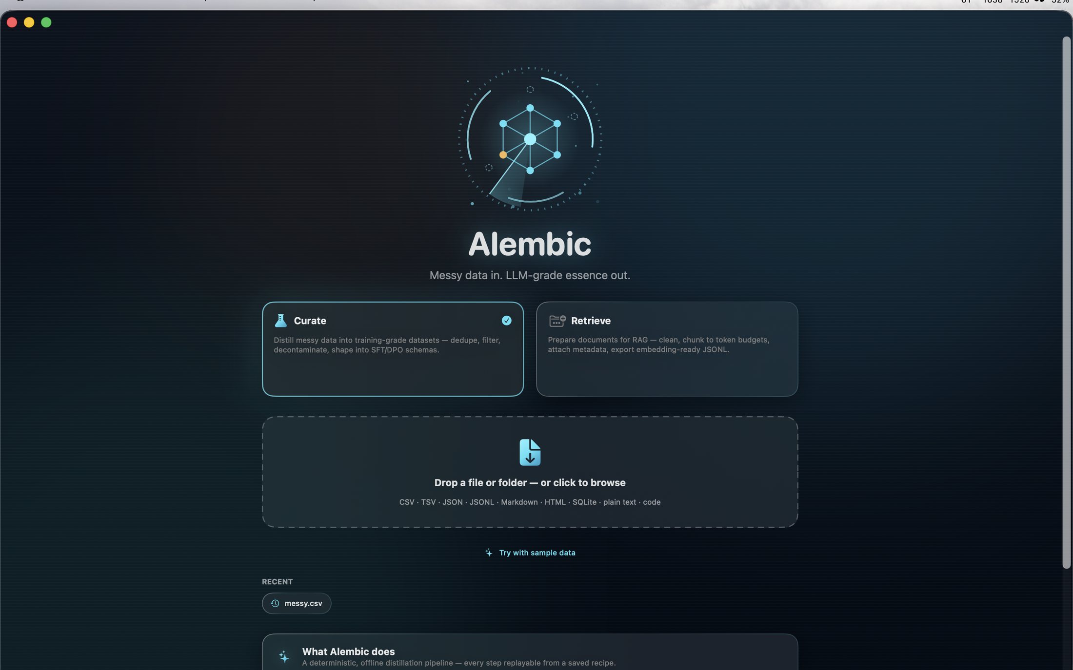 Alembic showing a data distillation pipeline with staged cleaning steps and a live preview of the processed dataset.