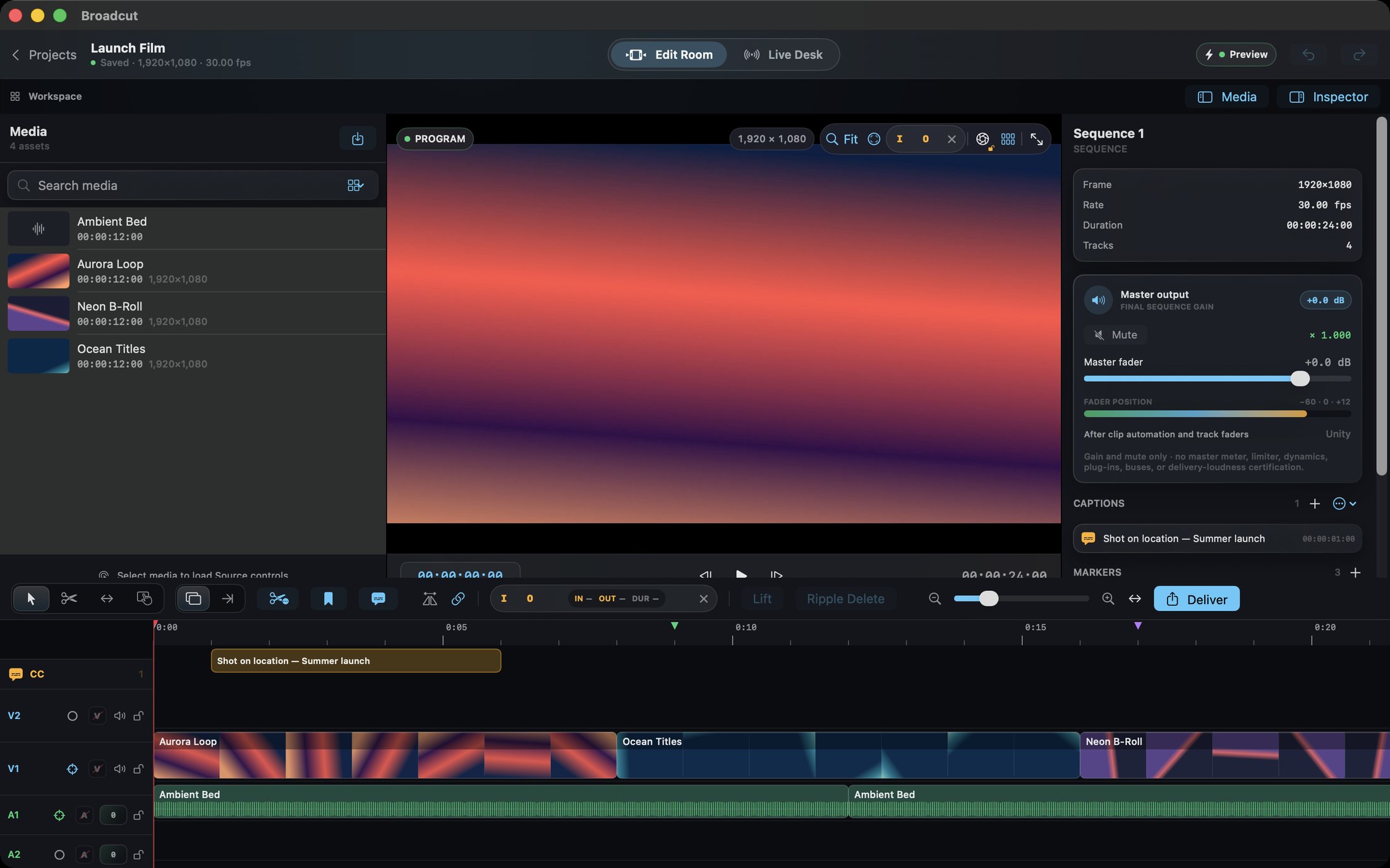 Broadcut Edit Room with a colorful program viewer, media bin with thumbnails, multitrack timeline with three clips, captions and colored markers, and the inspector.