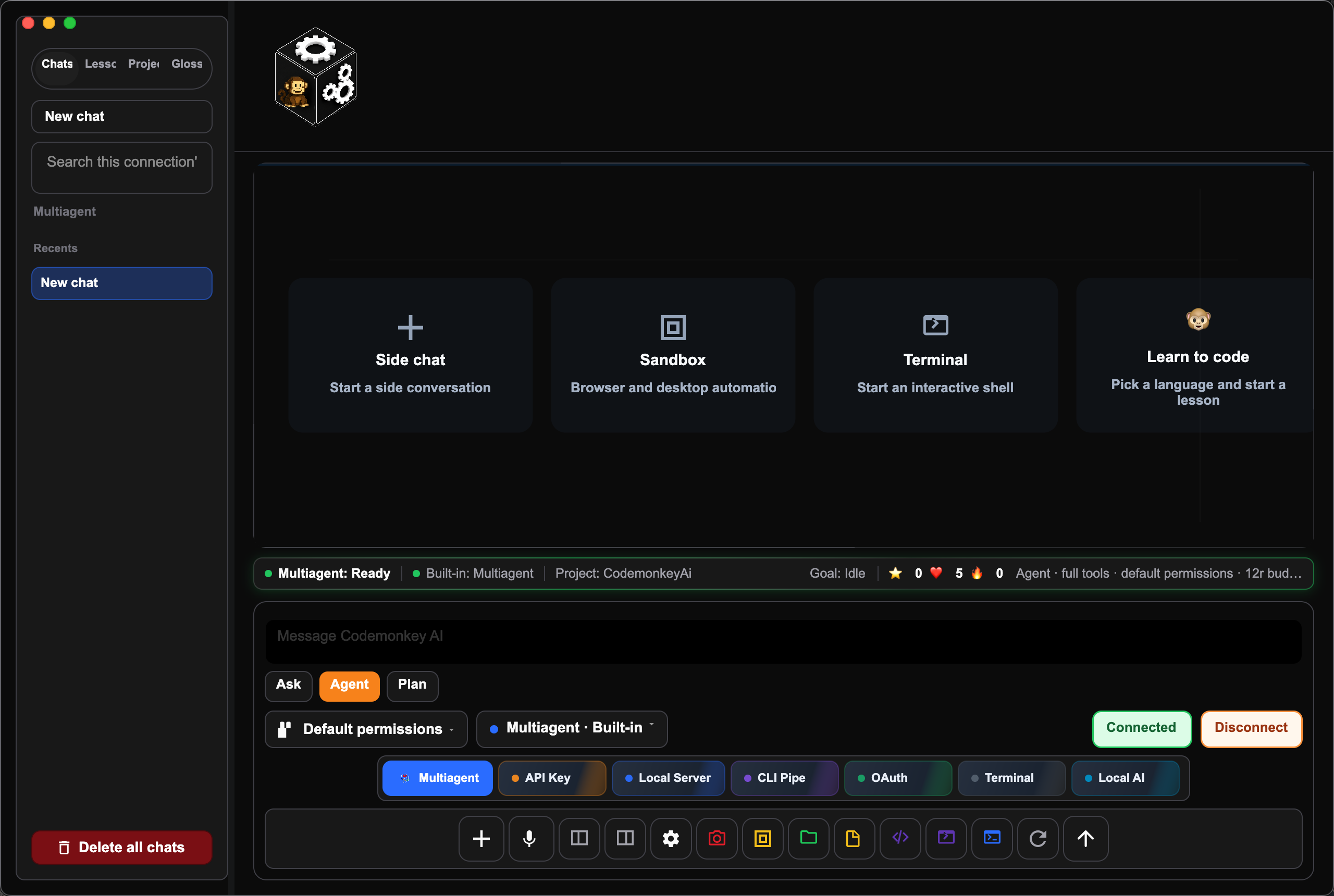 Codemonkey AI live workspace showing chat, side chat, sandbox, terminal, learn to code action, provider tabs, permissions, and toolbar controls.