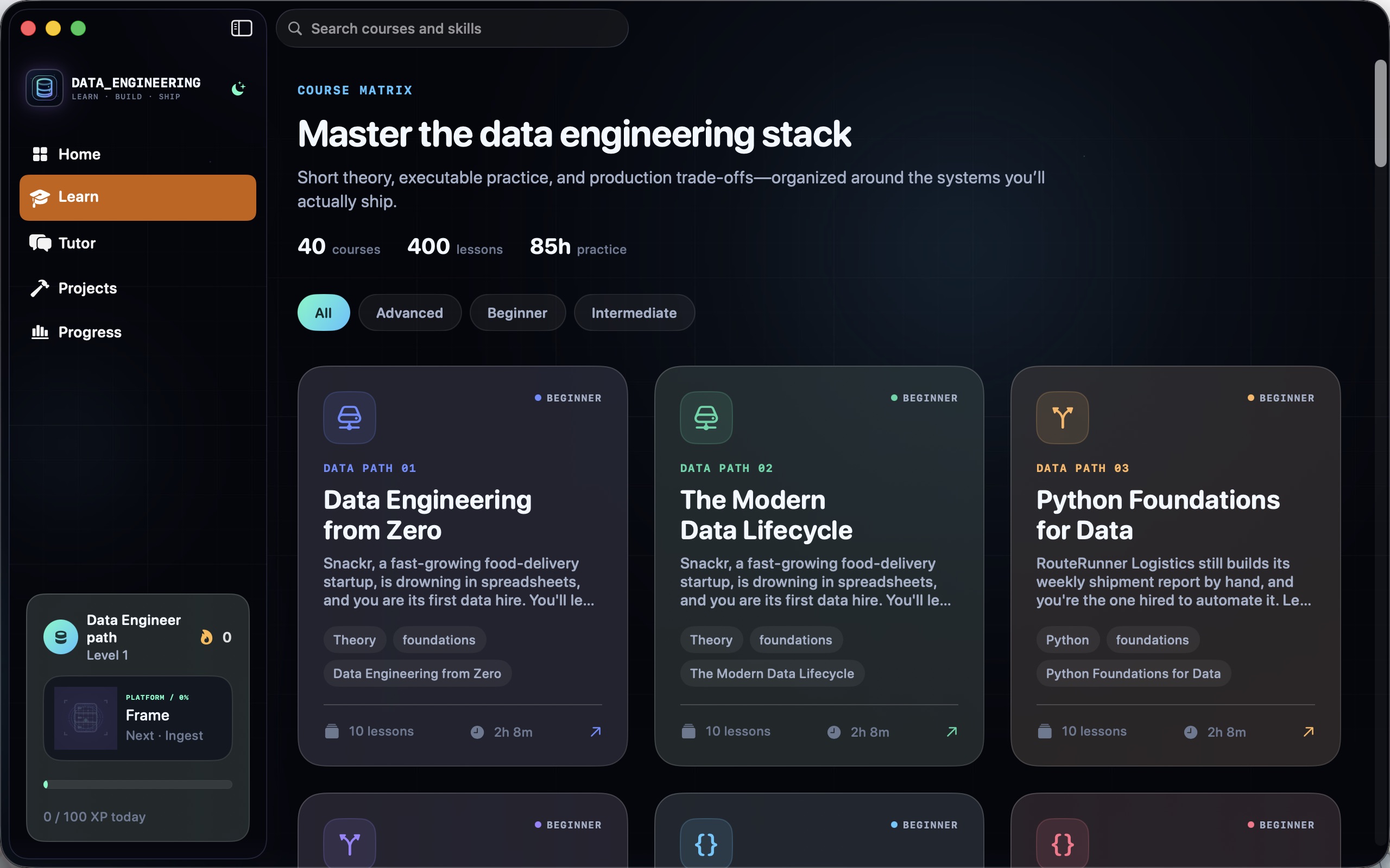 Data Engineering course catalog showing searchable, filterable courses with module and lesson completion.