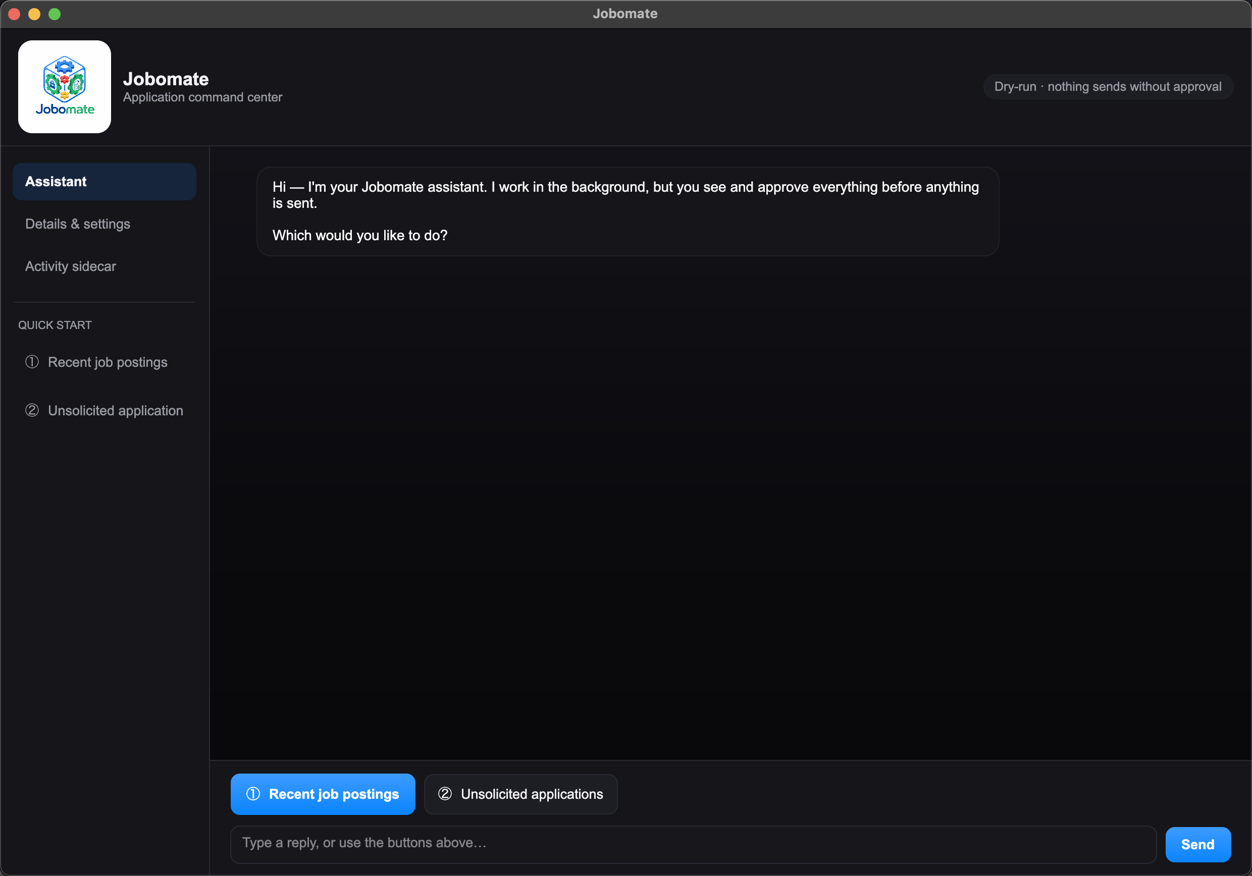 Jobomate desktop app showing the assistant command center, workflow controls, progress details, and activity panels.