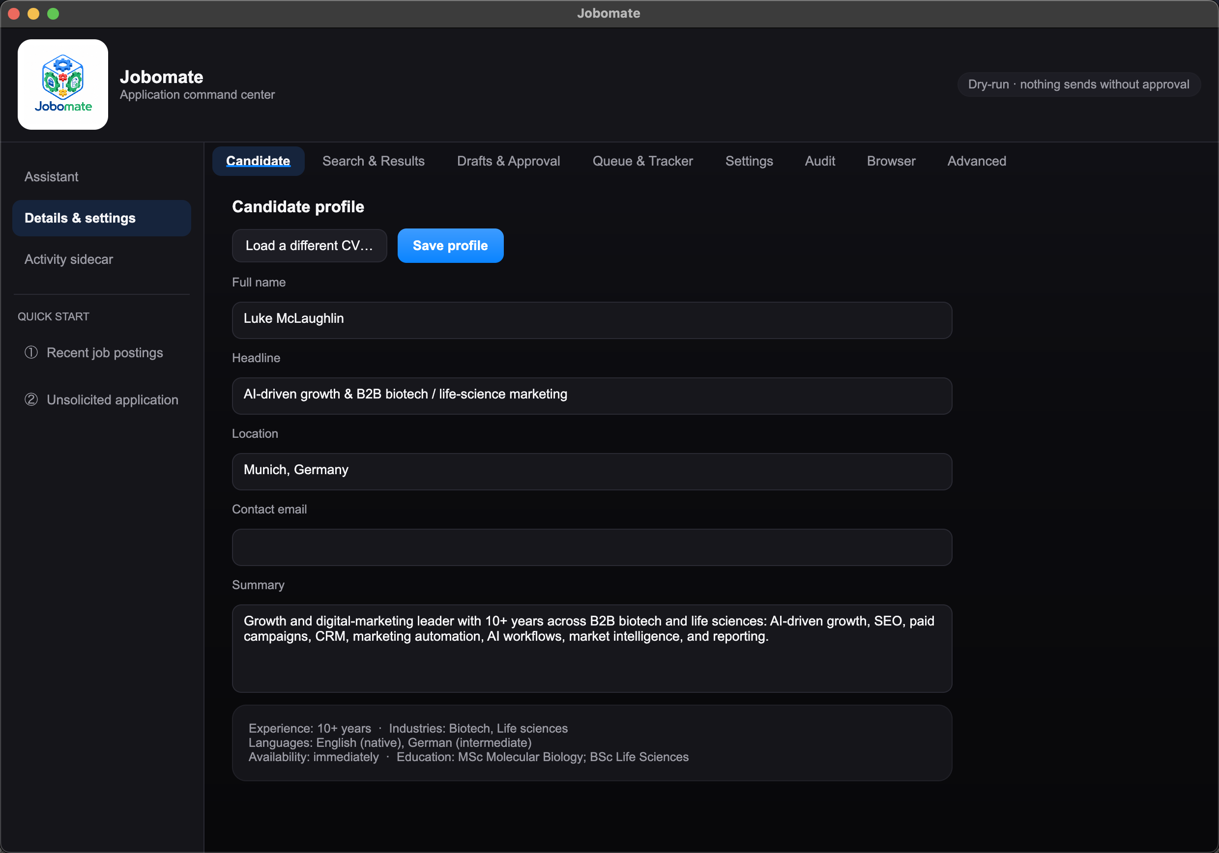Jobomate candidate profile and details settings screen.