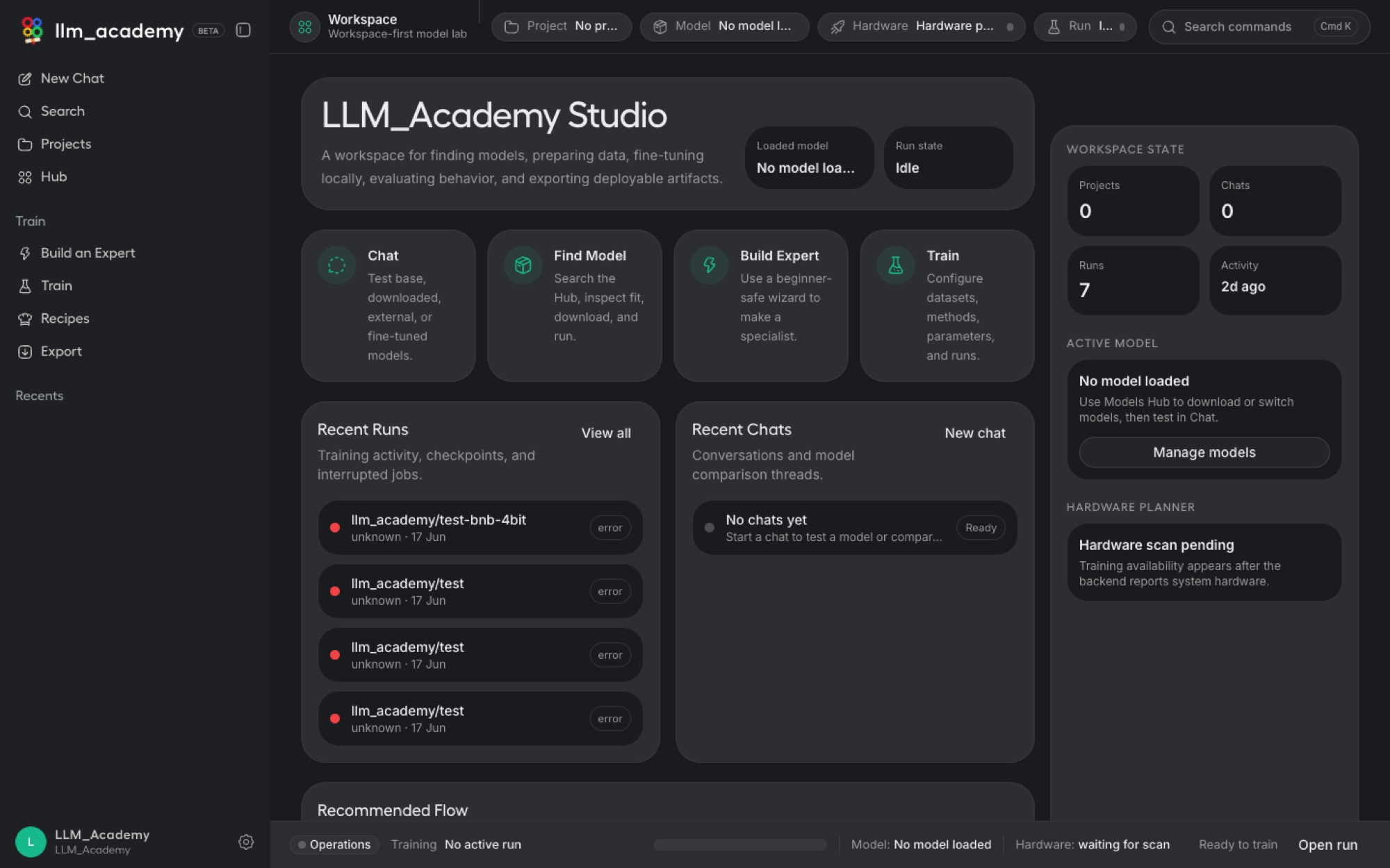 LLM Academy account menu with settings, dark mode, guided tour, and shutdown.