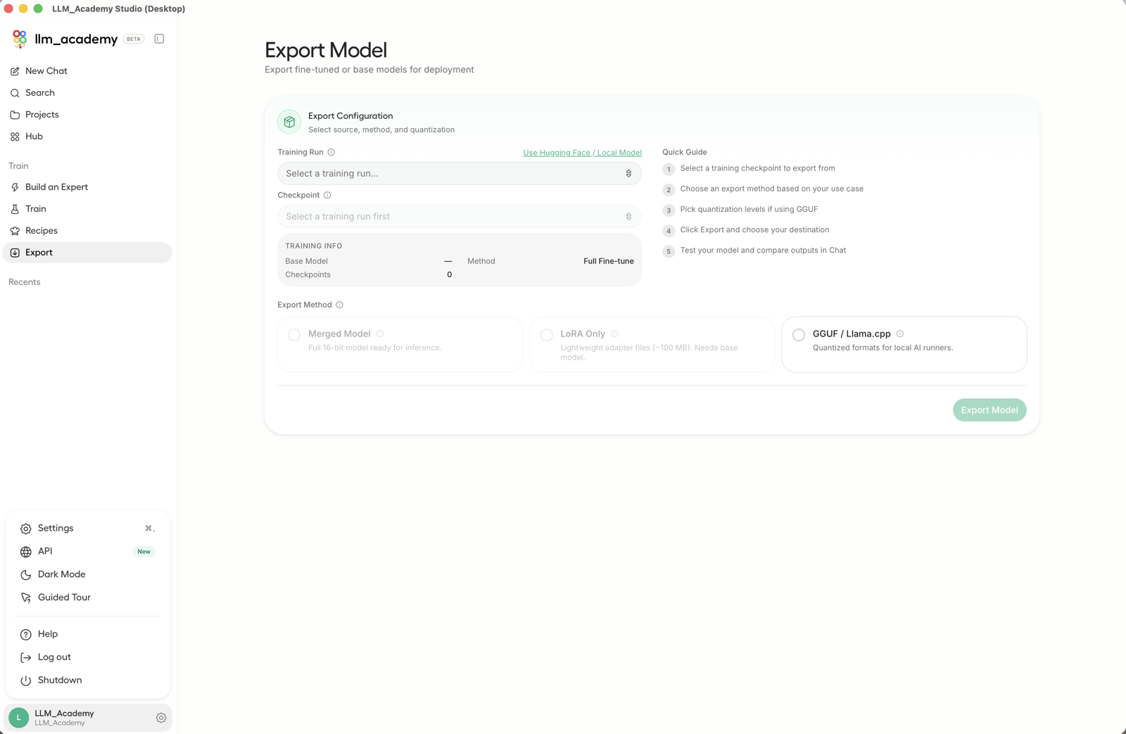 LLM Academy account menu with settings, dark mode, guided tour, and shutdown.