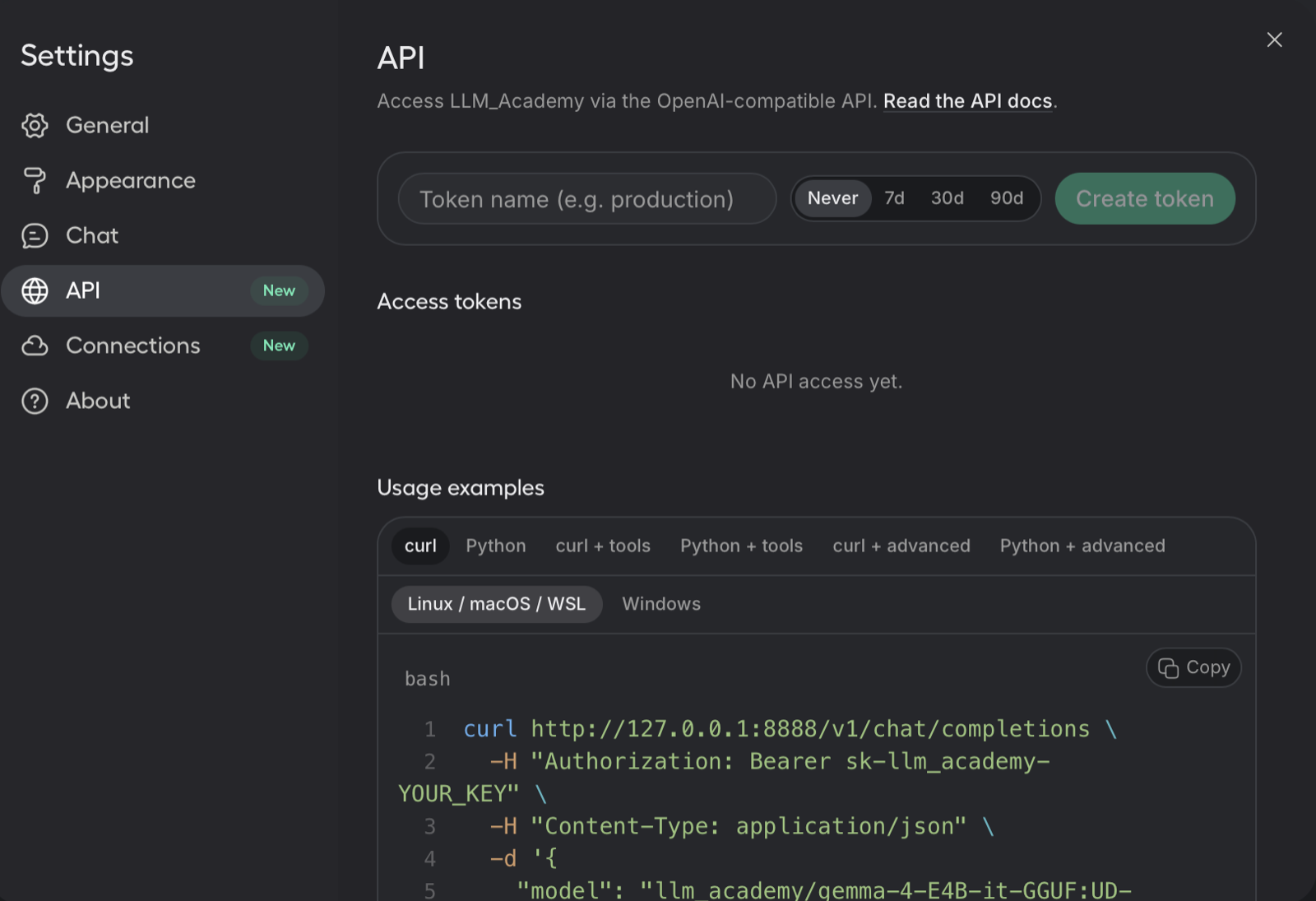 LLM Academy local OpenAI-compatible API server with access tokens and code examples.