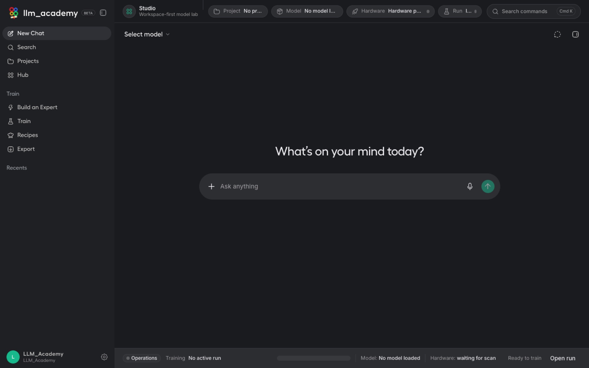 LLM Academy chat settings for pinning workspace tools.
