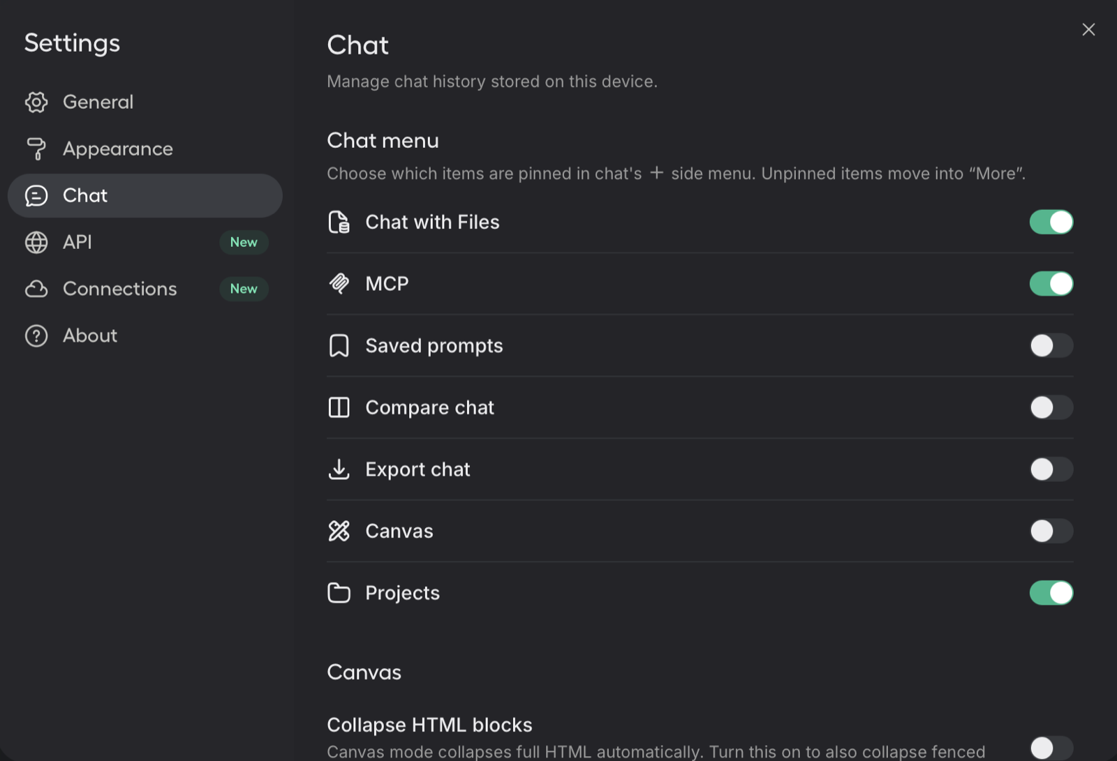 LLM Academy chat settings for pinning workspace tools.