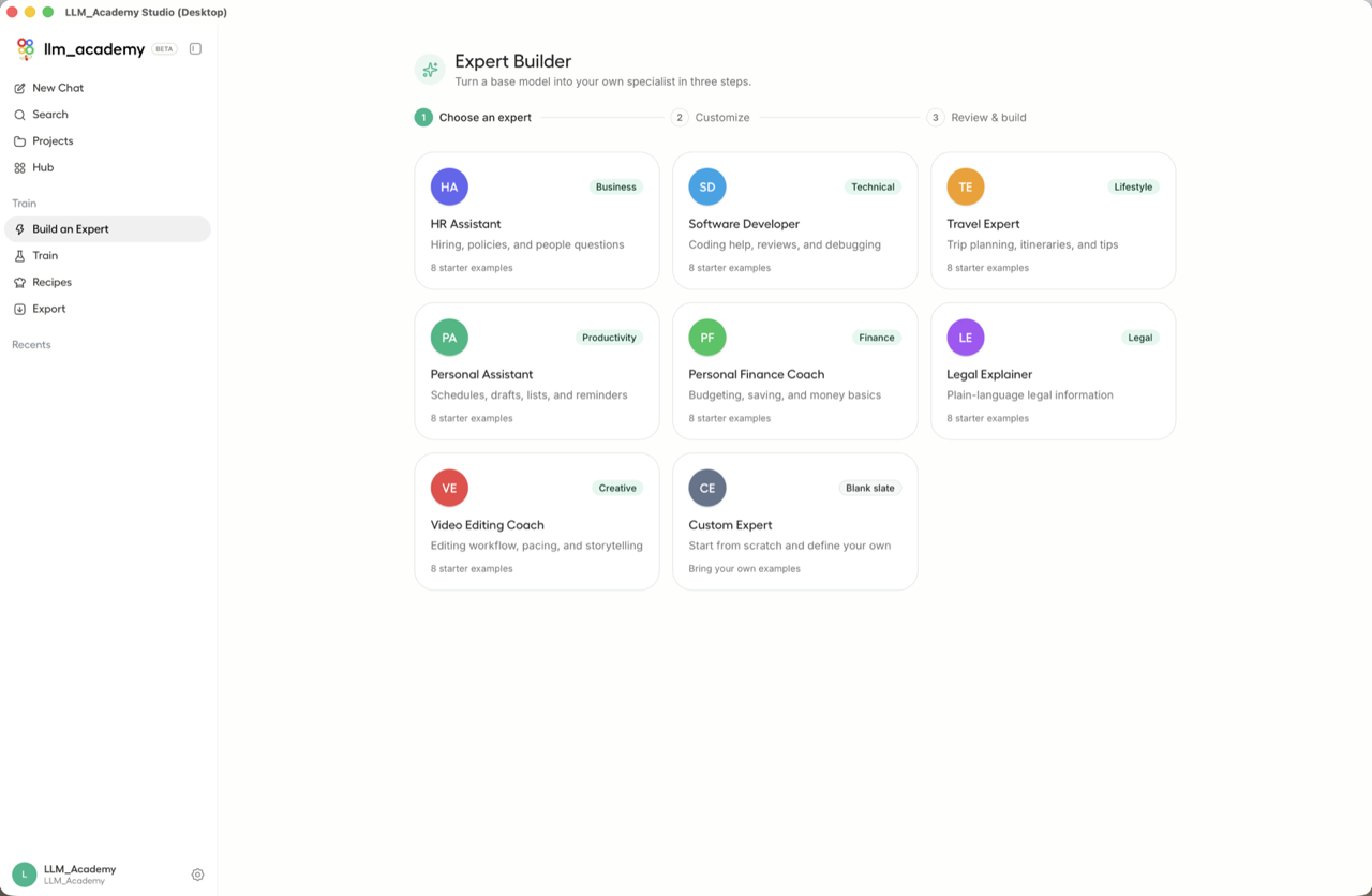 LLM Academy Expert Builder role gallery with HR, software developer, legal and other templates.