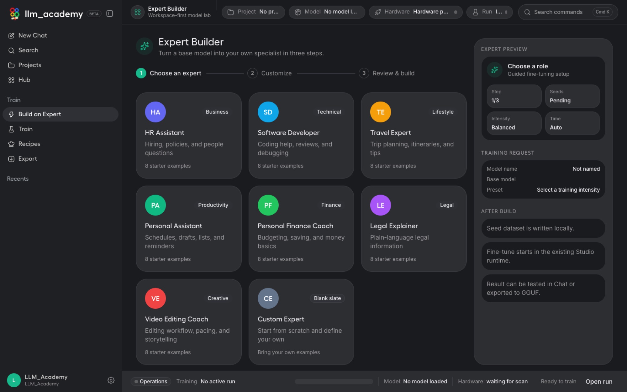LLM Academy Expert Builder customize step for a software developer.