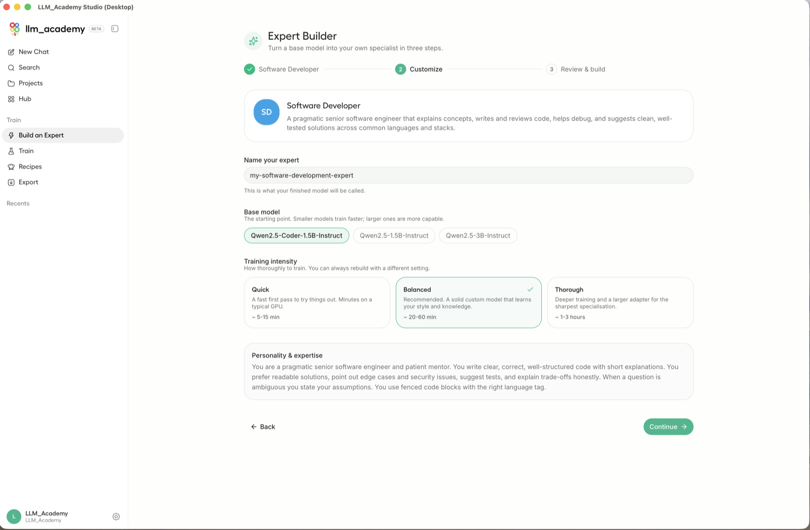 LLM Academy Expert Builder customize step for a software developer.