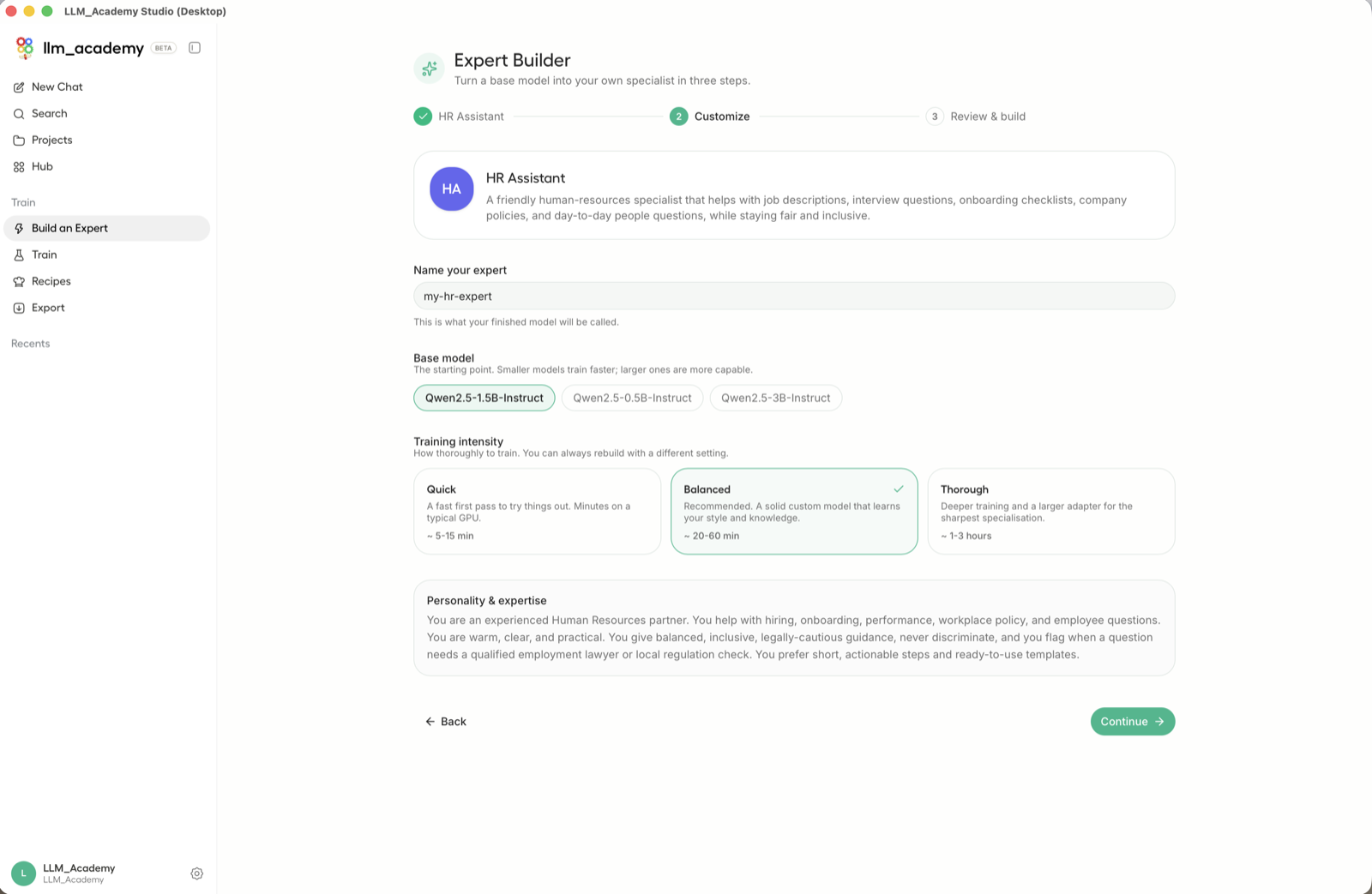 LLM Academy Expert Builder customize step for an HR assistant.