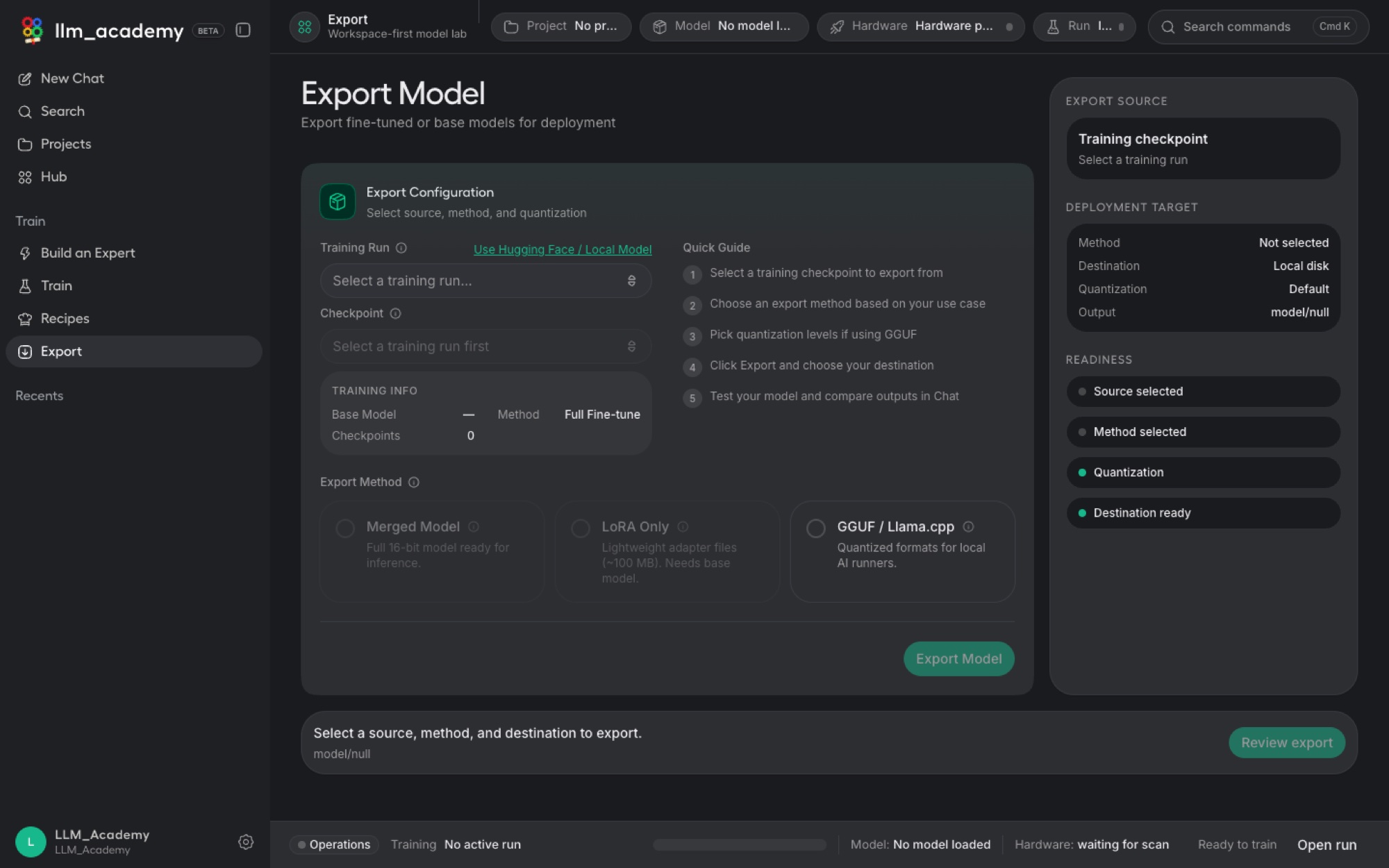 LLM Academy export screen with GGUF, LoRA and merged model options.