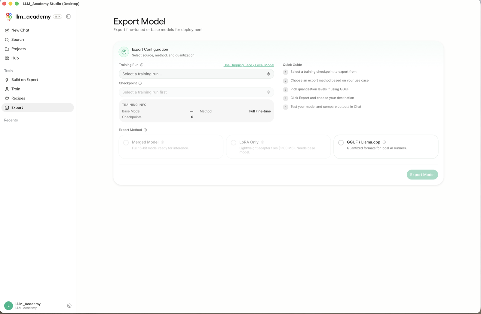 LLM Academy export screen with GGUF, LoRA and merged model options.