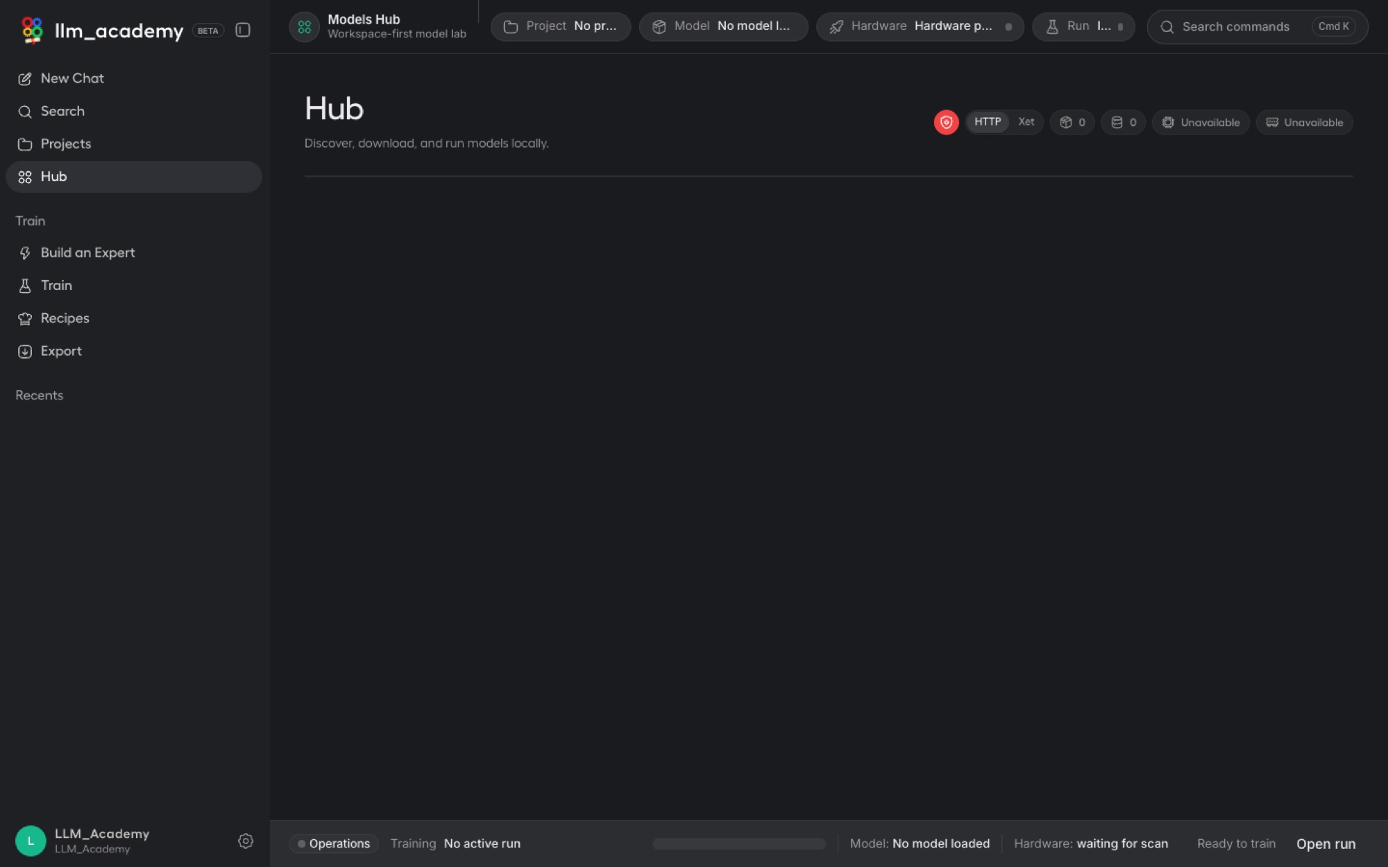 LLM Academy model picker showing downloaded hub models and the user's own fine-tuned models.