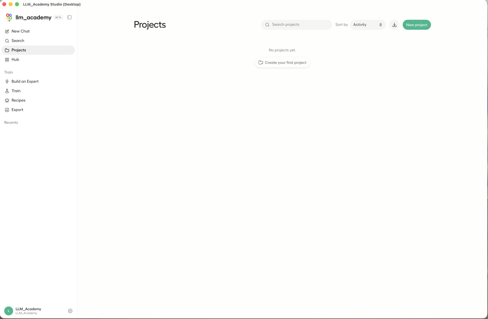 LLM Academy projects workspace list.