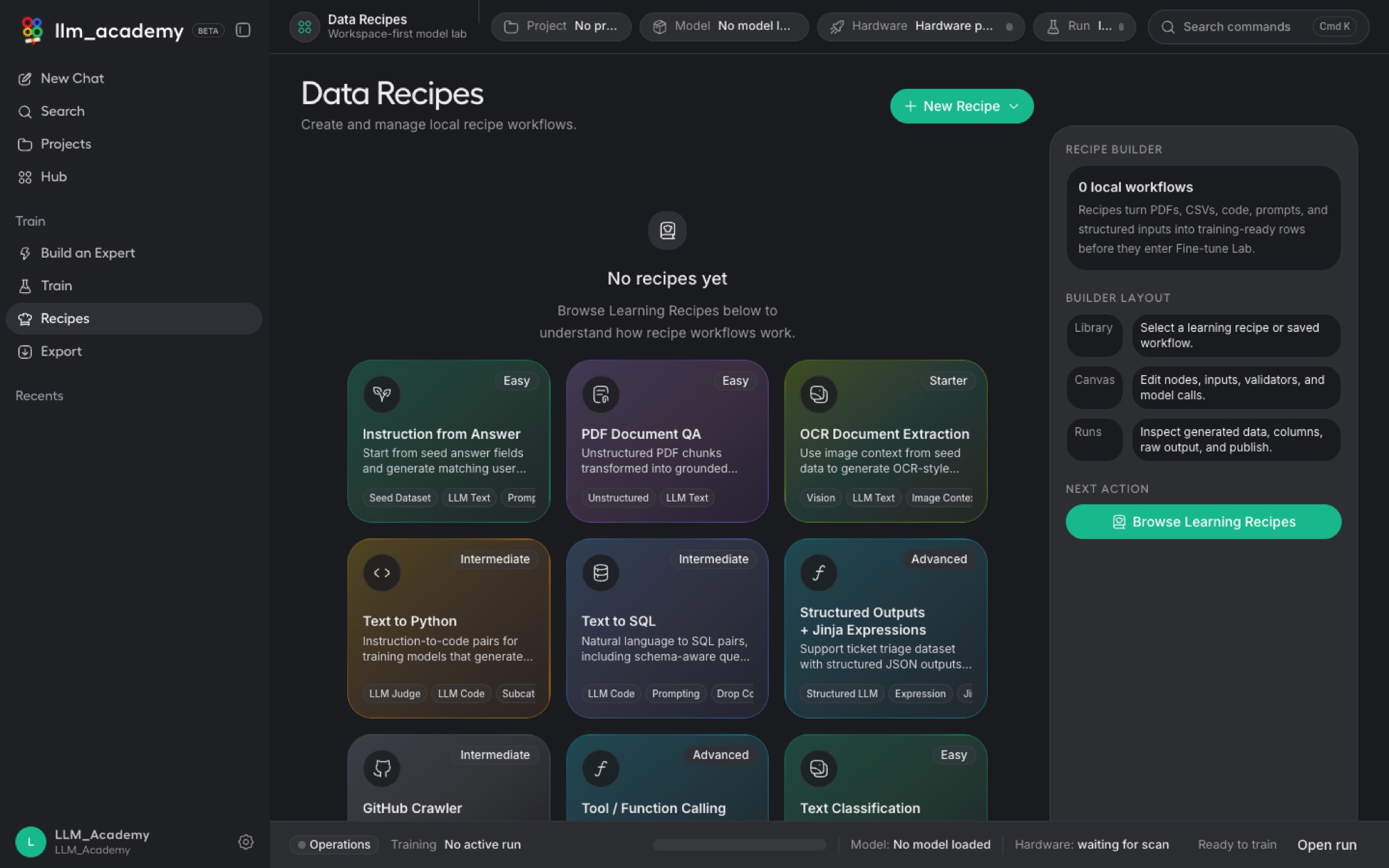 LLM Academy recipe library of reusable task workflows.