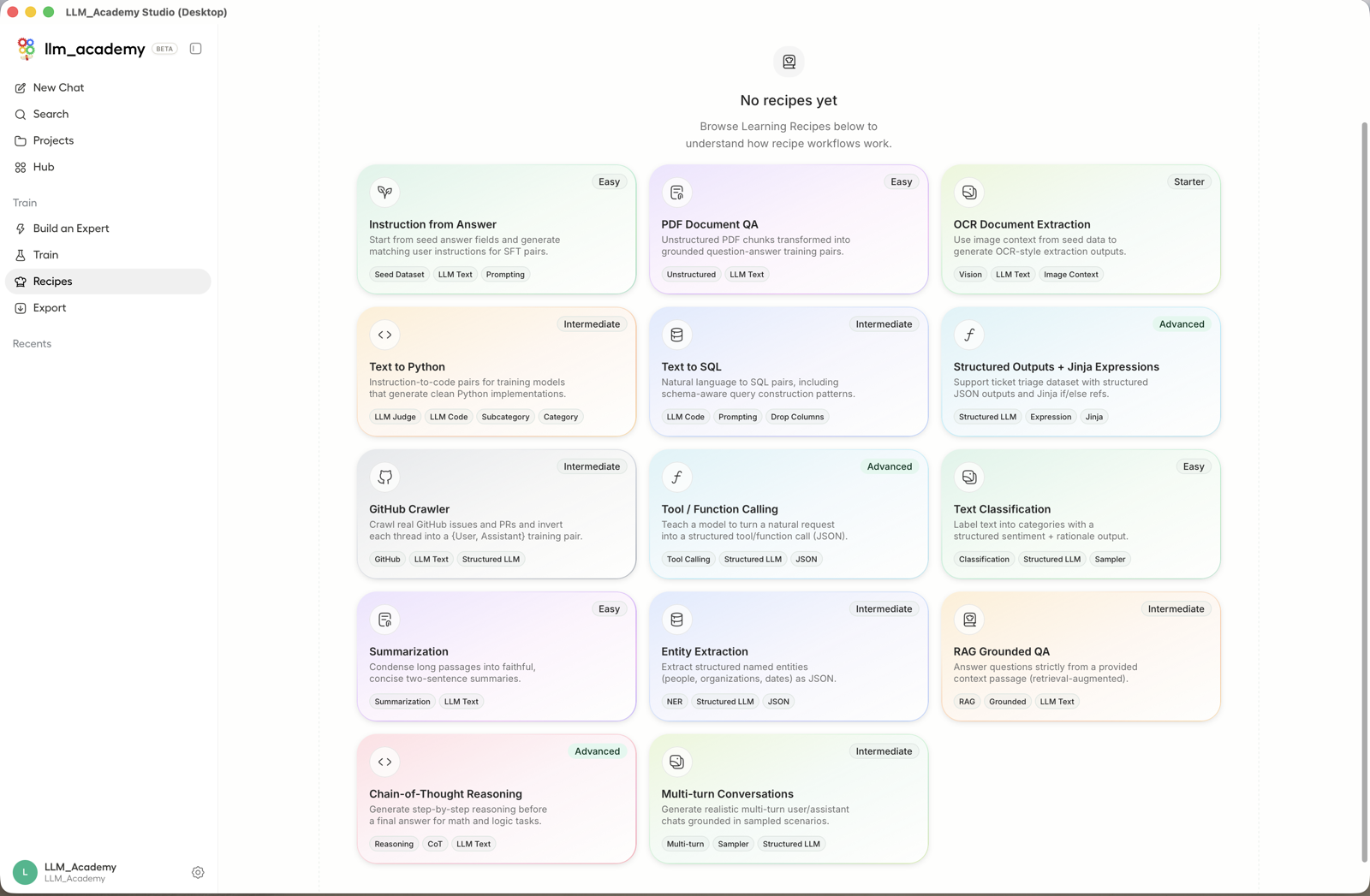LLM Academy recipe library of reusable task workflows.
