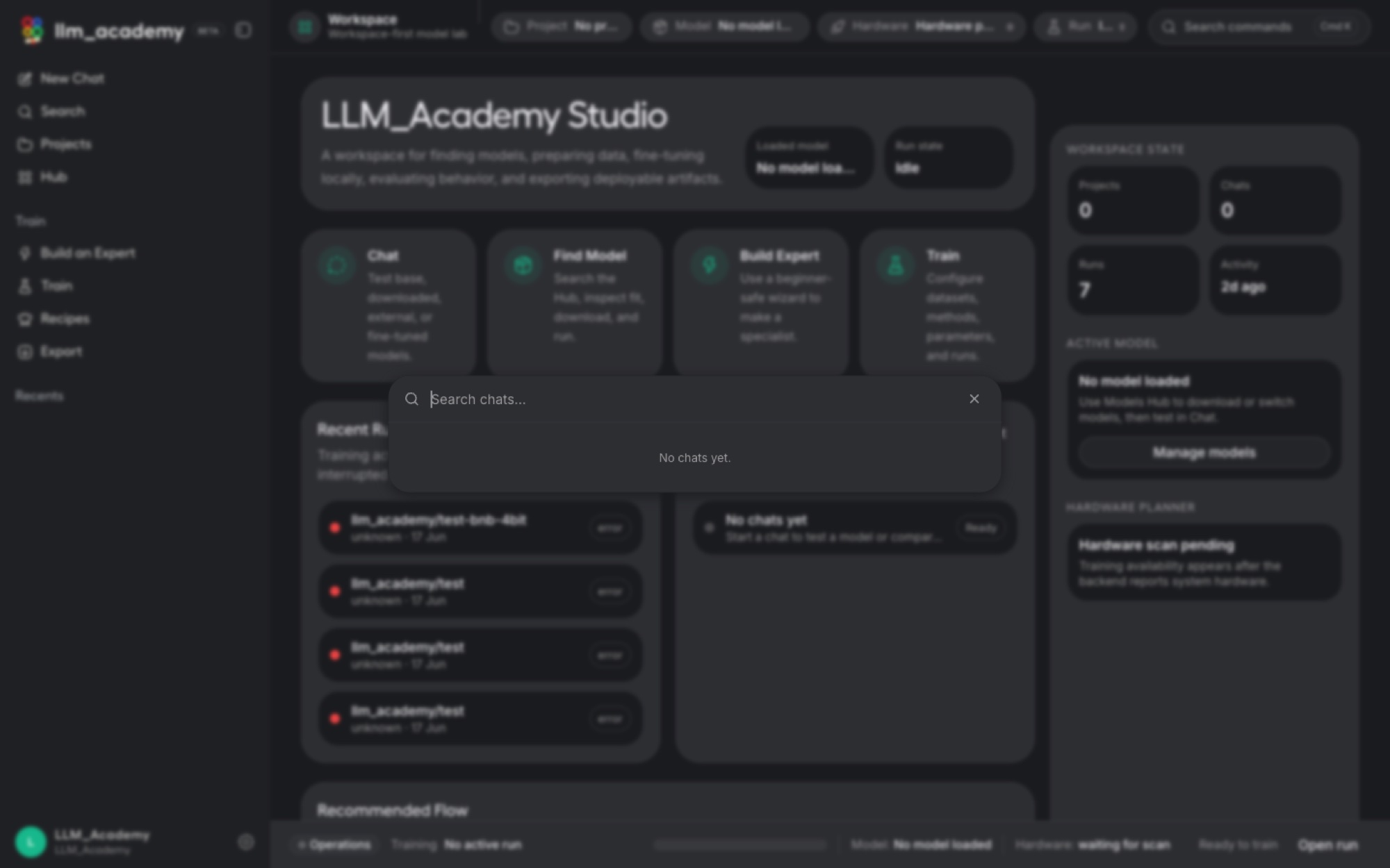 LLM Academy chat search overlay.