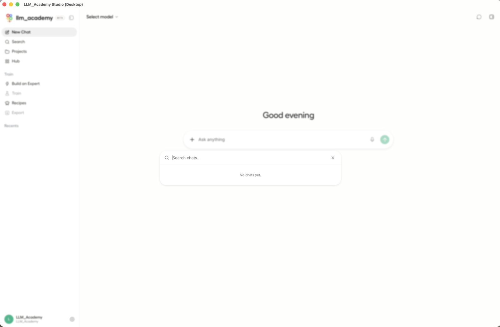 LLM Academy chat search overlay.