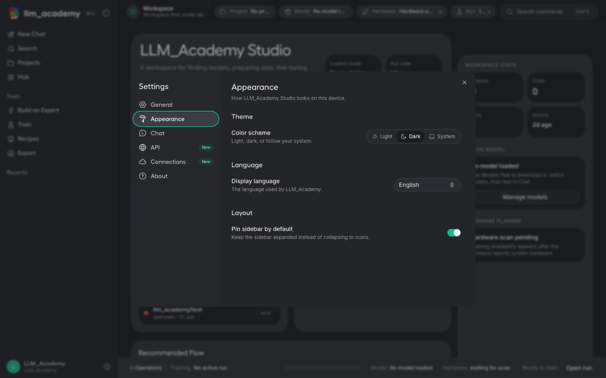 LLM Academy appearance settings with theme, language and layout options.