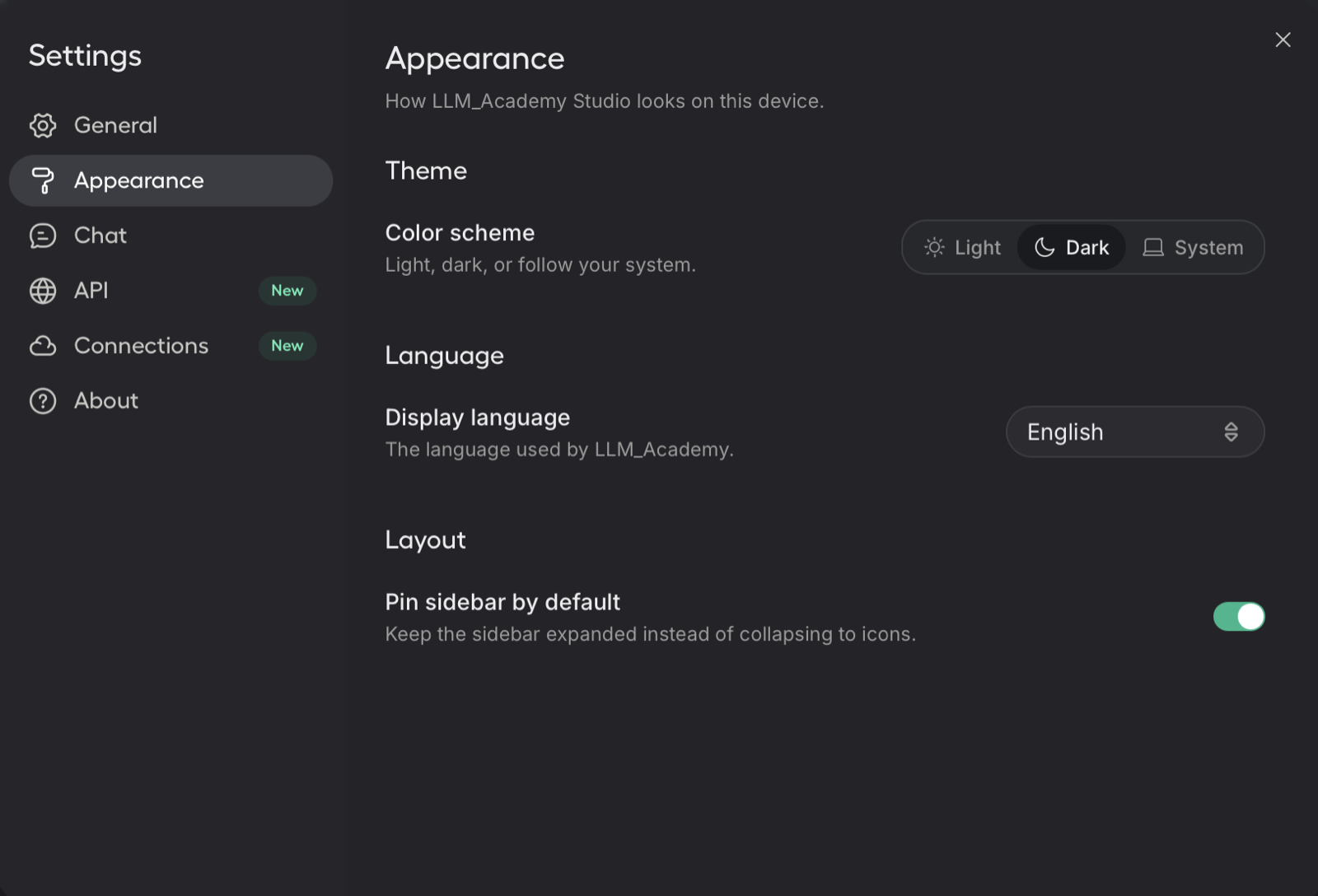 LLM Academy appearance settings with theme, language and layout options.