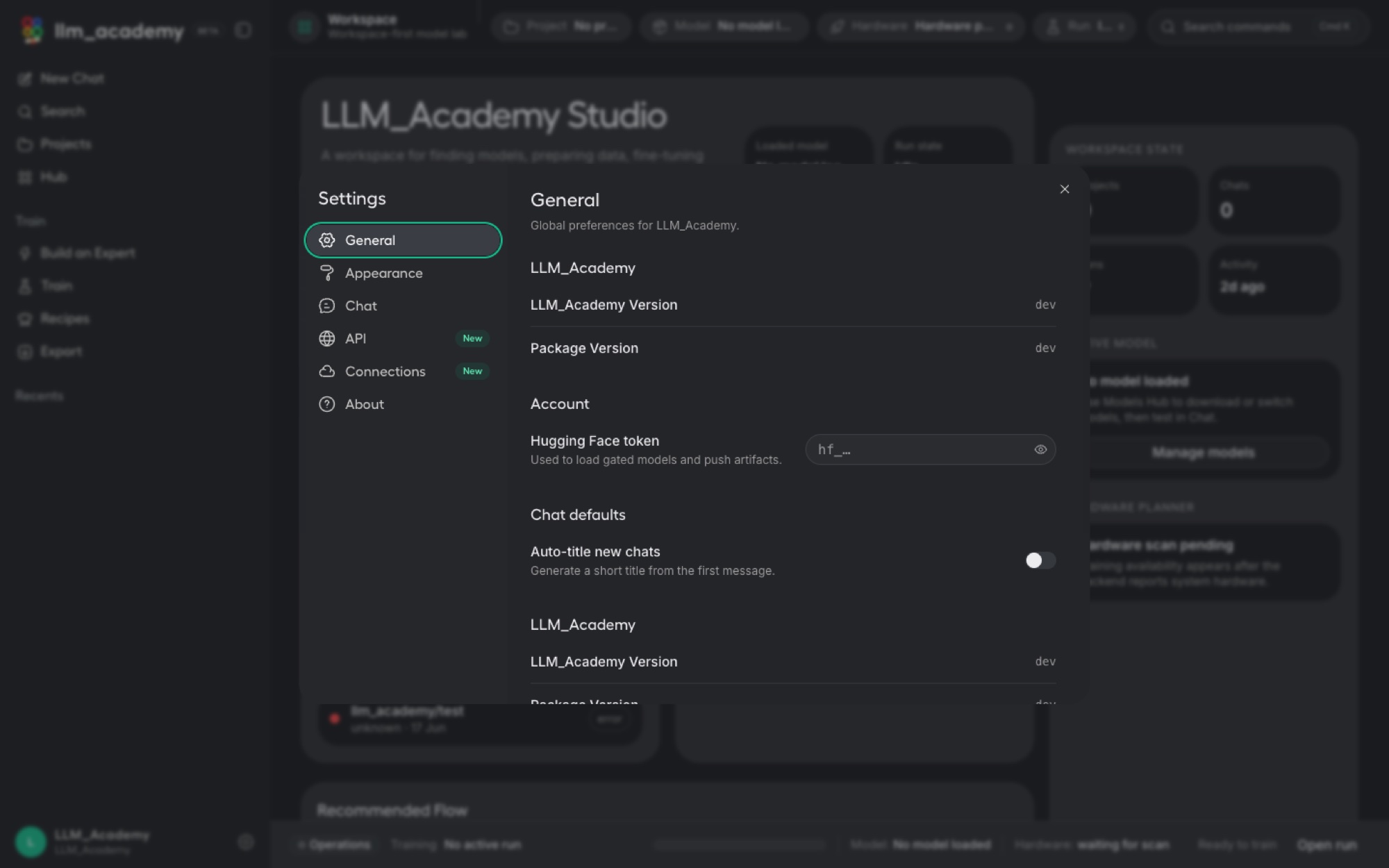 LLM Academy general settings with a Hugging Face token field.