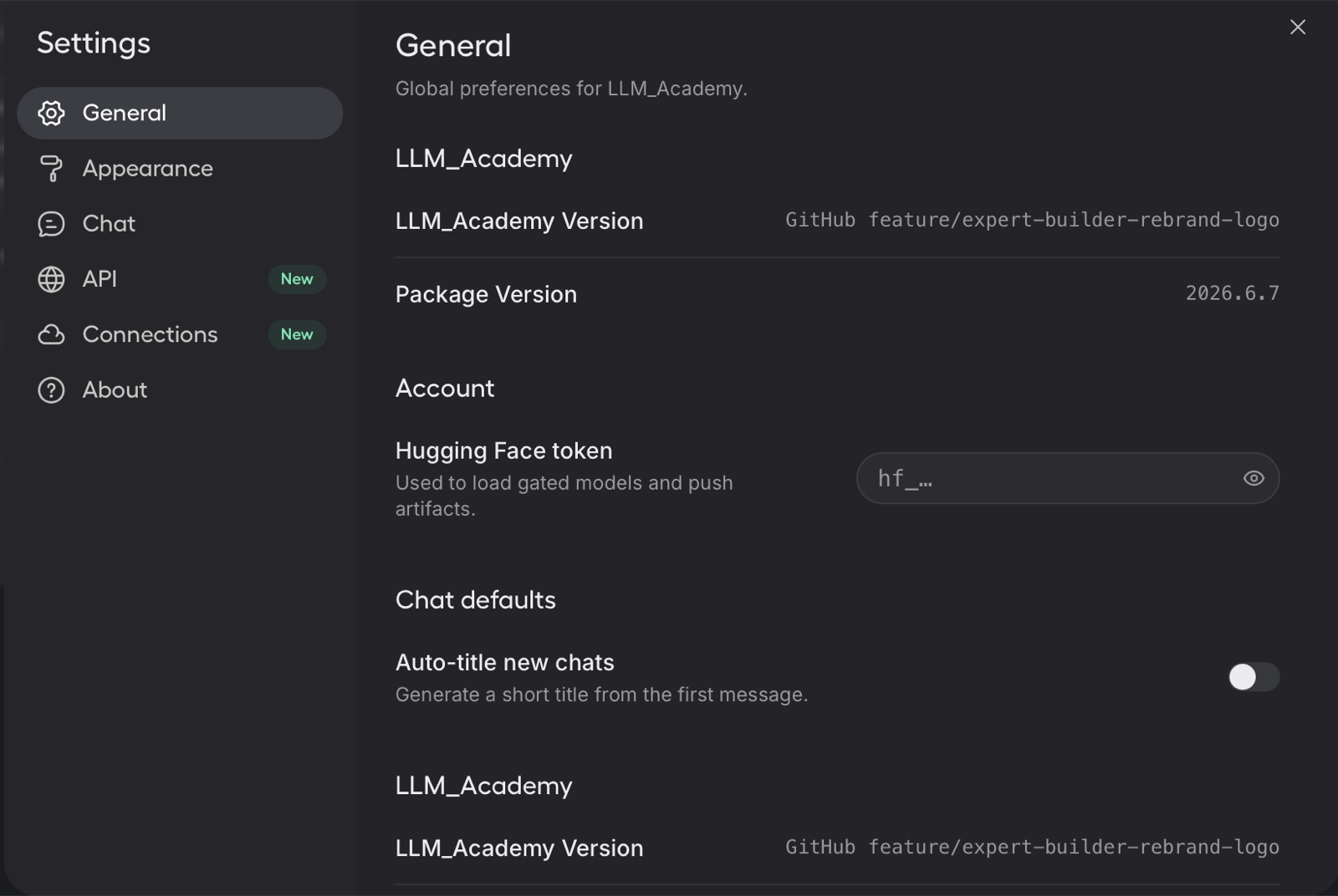 LLM Academy general settings with a Hugging Face token field.