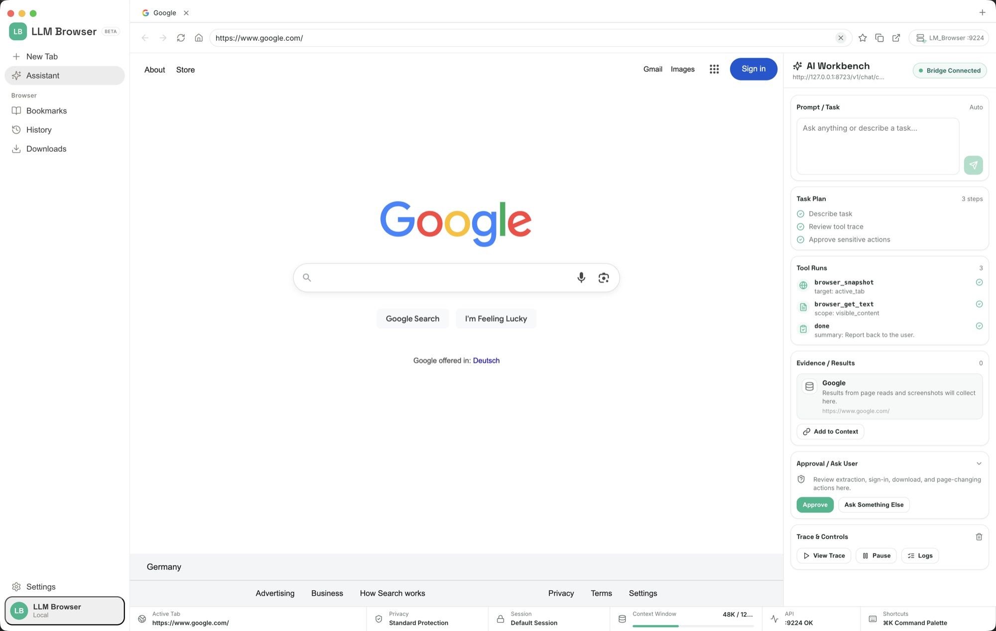 LLM Browser on a Google search results page with the left sidebar and the docked assistant workbench on the right.