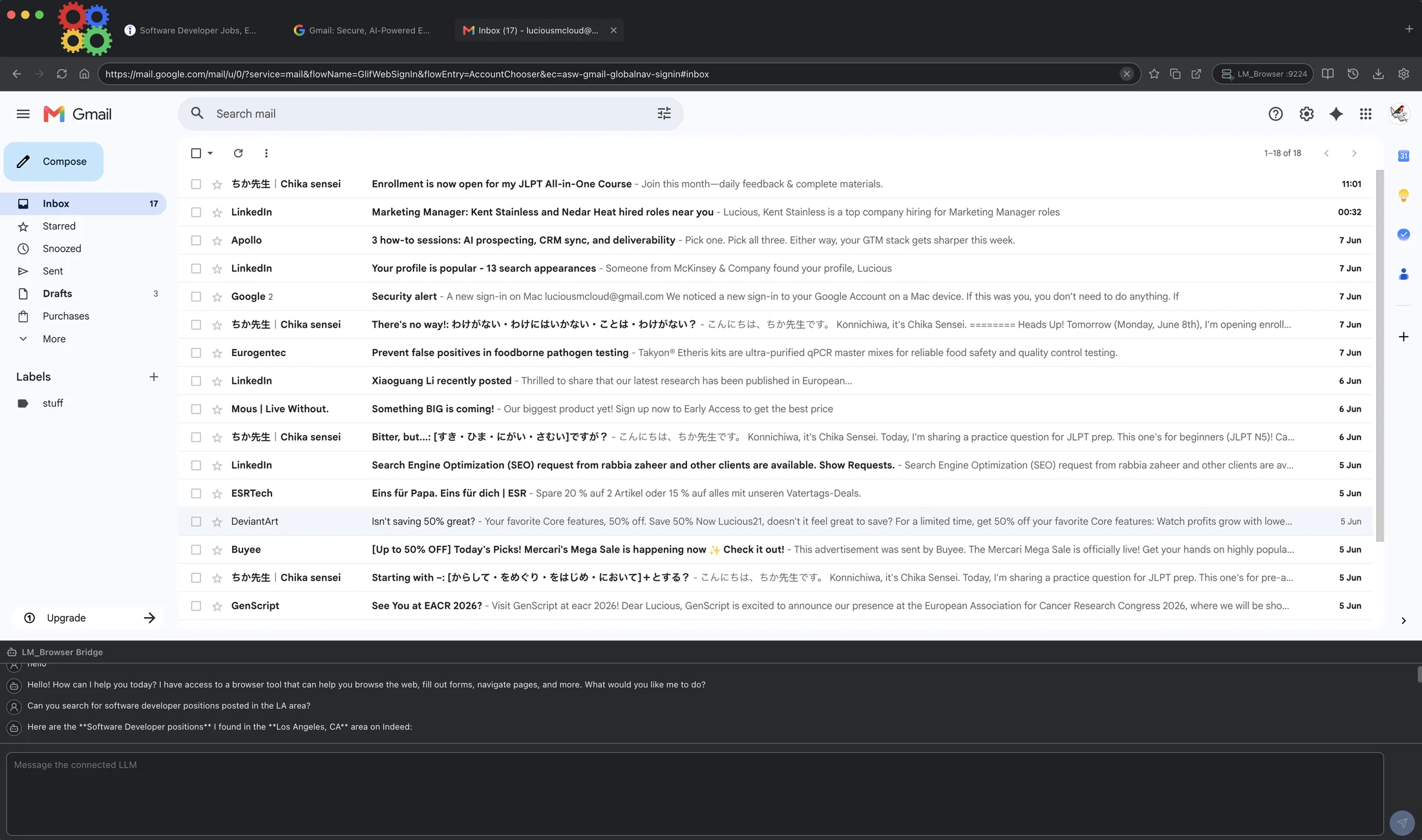 LLM Browser controlling Gmail with a visible assistant bridge.