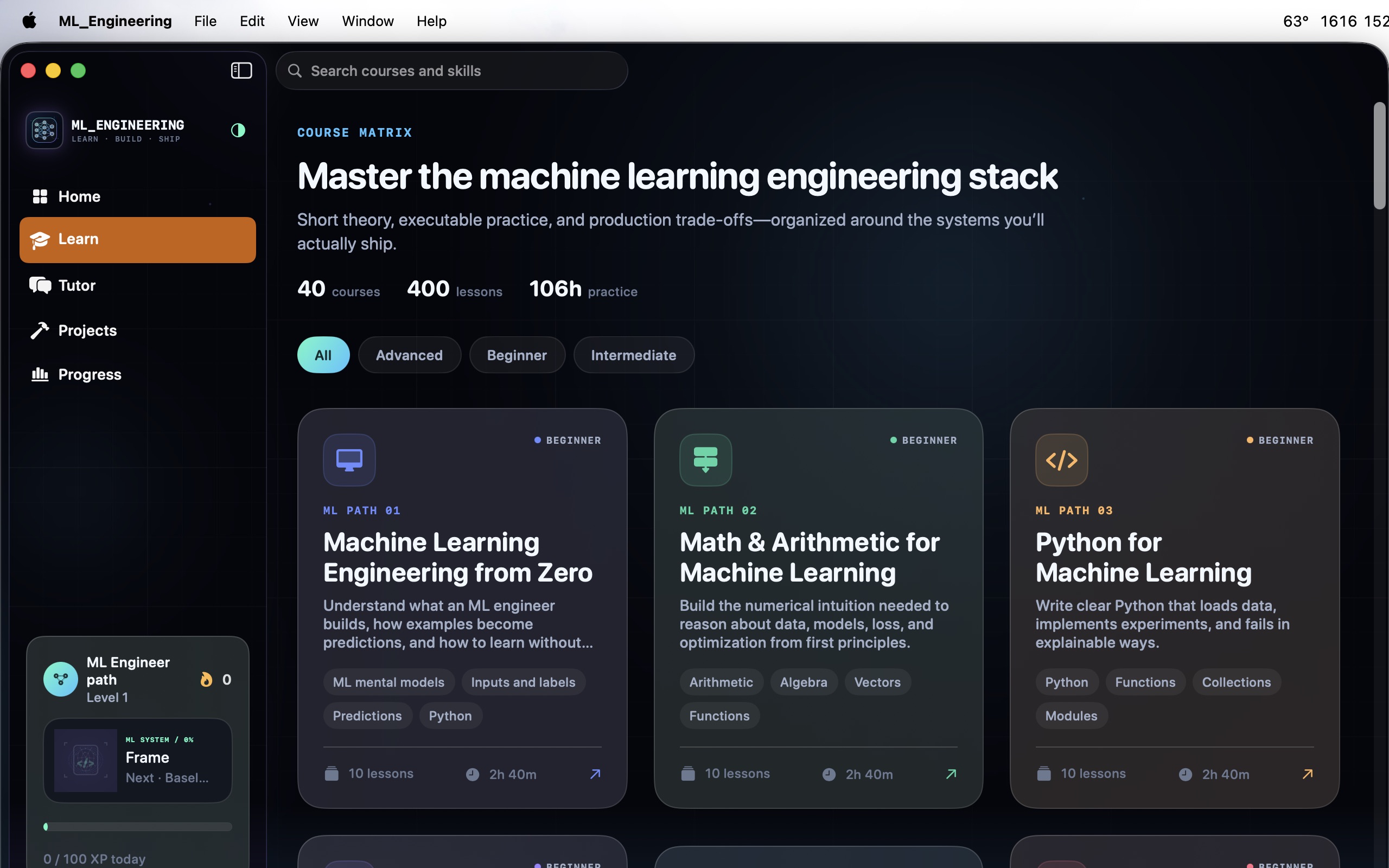 ML Engineering course catalog showing searchable, filterable courses with module and lesson completion.