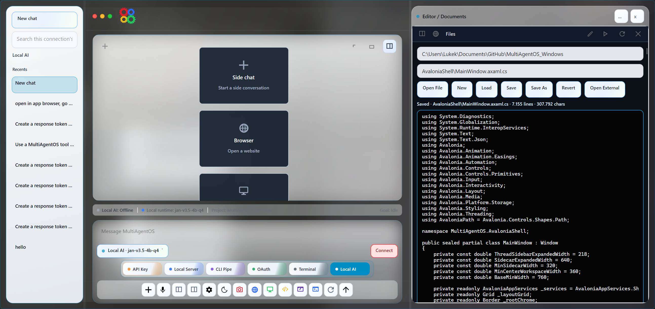 Code sidecar screenshot in MultiAgentOS.