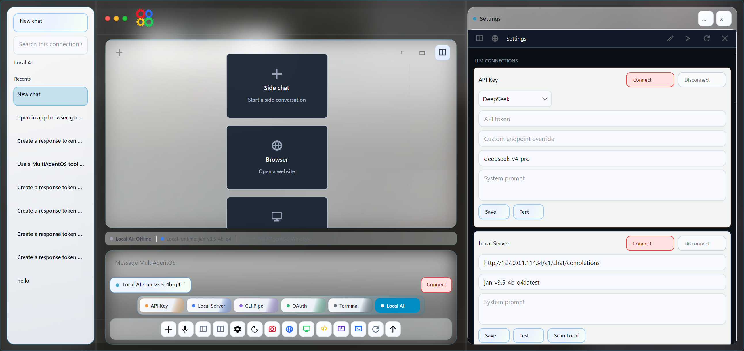 Full-frame MultiAgentOS settings sidecar showing connection cards inside the complete app shell.