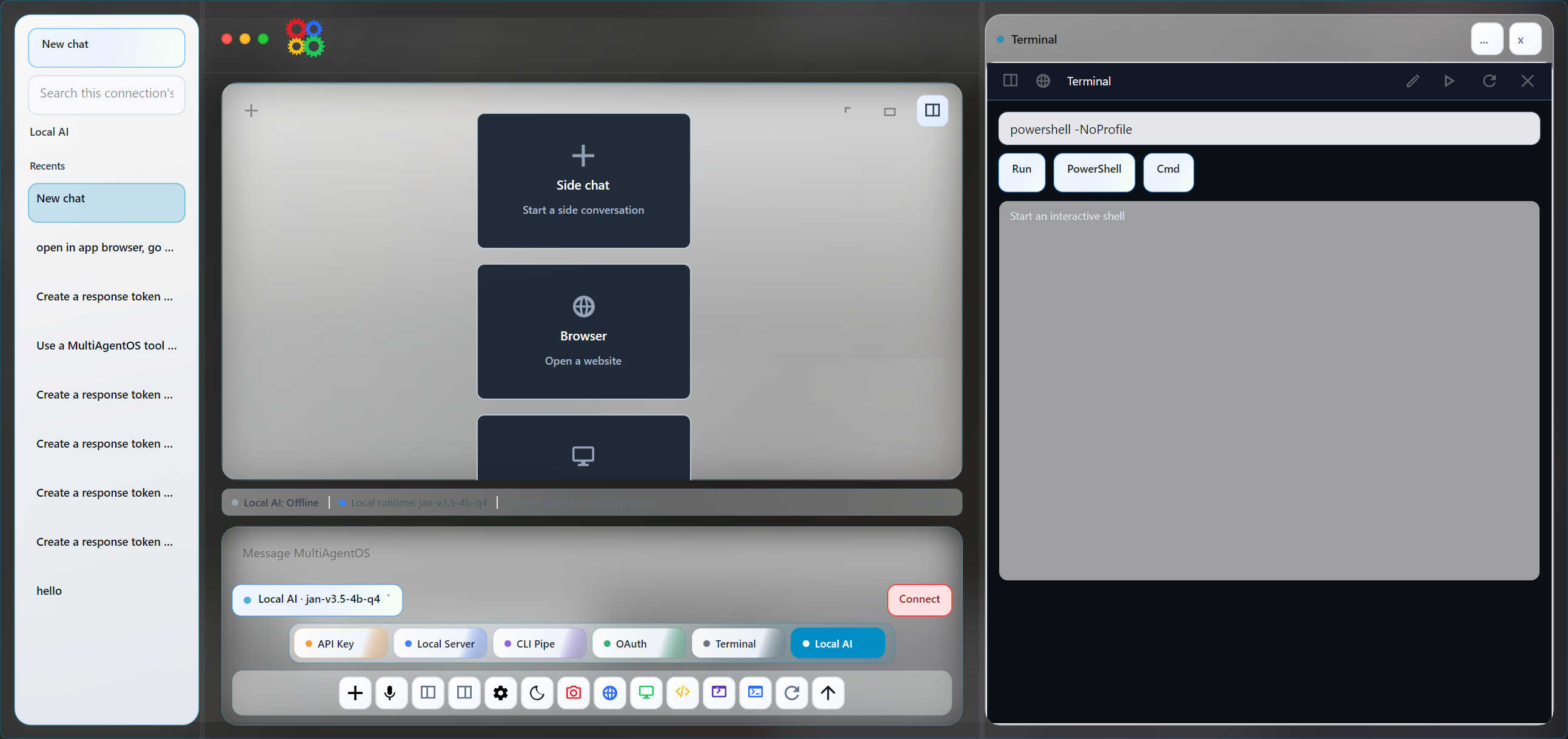Terminal sidecar screenshot in MultiAgentOS.