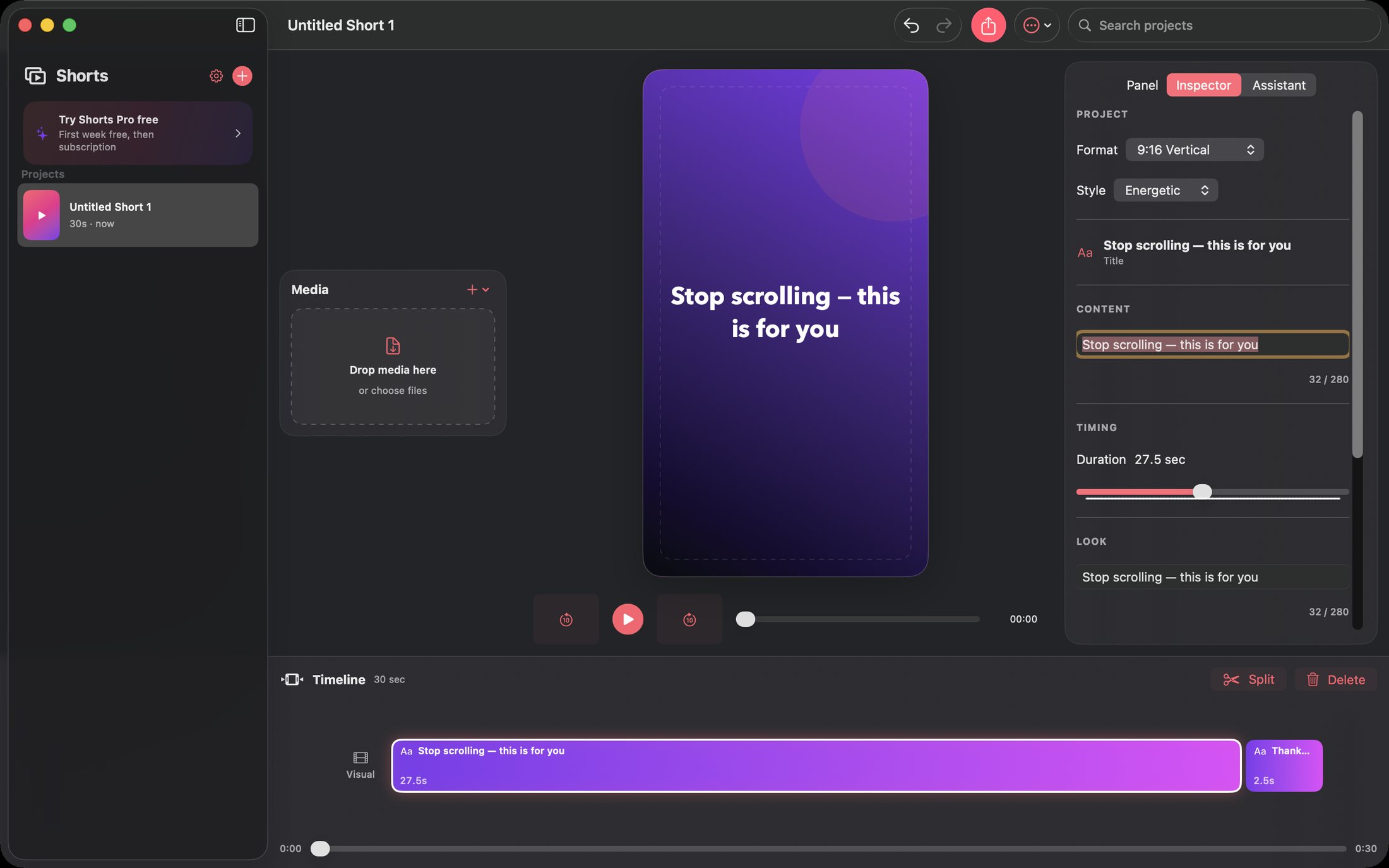 Shorts editor with a 9:16 vertical preview, title overlays, the inspector with format and style controls, and the multitrack timeline below.