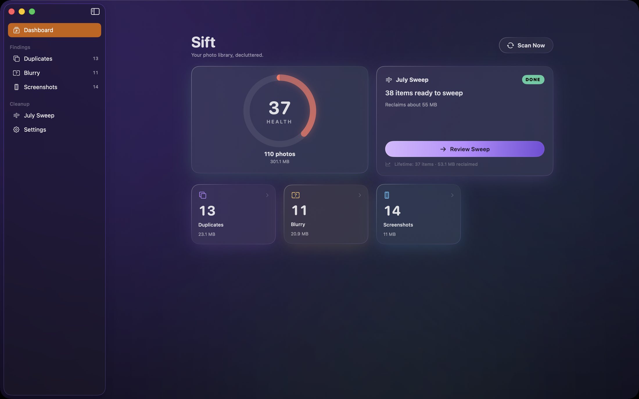 Sift dashboard showing the library health score, the monthly sweep card, and counts for duplicates, blurry shots and screenshots.