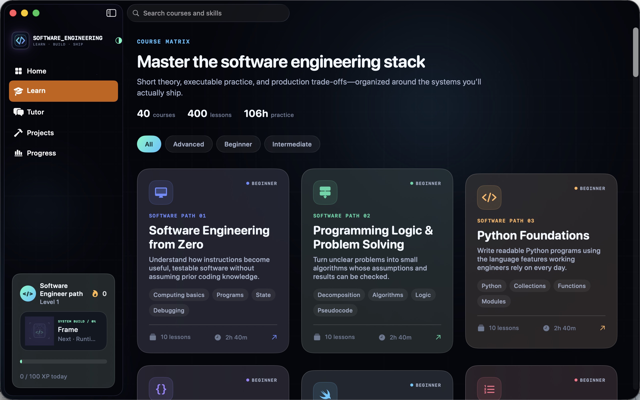 Software Engineering course catalog showing searchable, filterable courses with module and lesson completion.